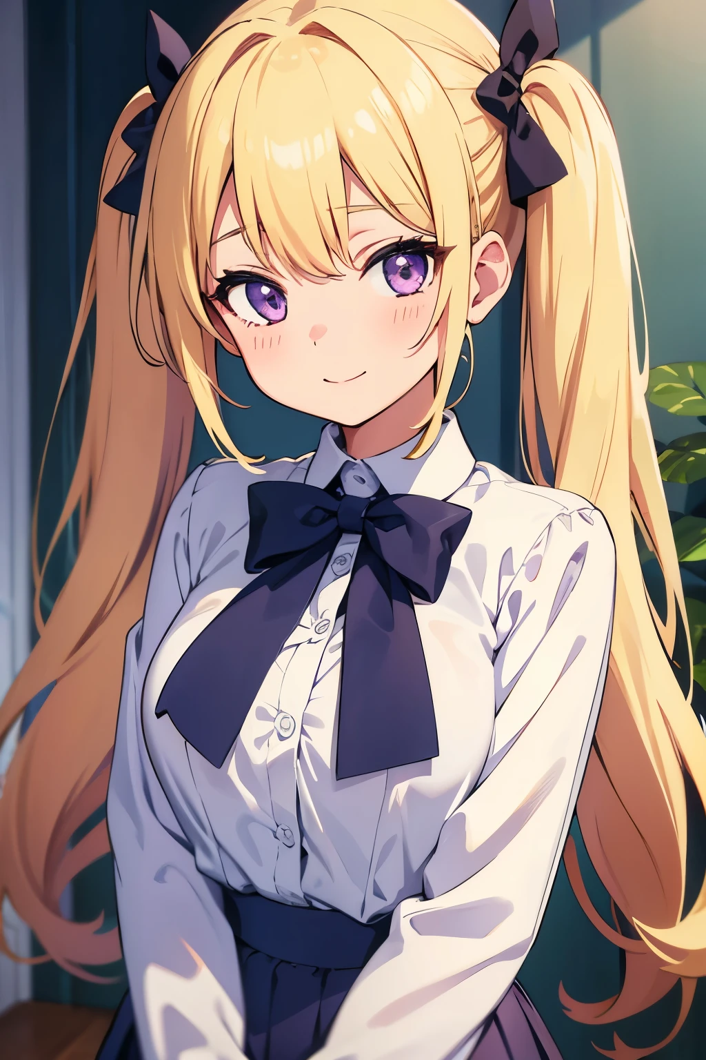 Anime girl with long blonde hair and a bow tie - SeaArt AI