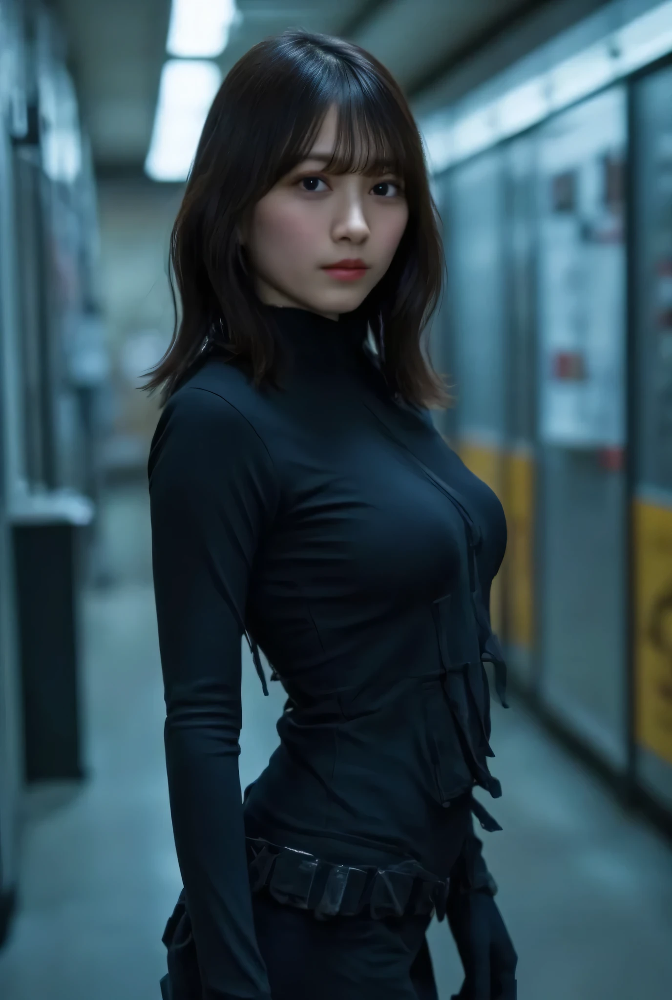 (((futuristic SWAT troop style black military vest:2.0))),((Perfect Naked:1.5)),(( Wearing a Military Vest on Naked :1.9)),((ear monitor:1.5)),(((Tactical Holster:1.5))),( gloves:1.5),( one woman), cute face,Beautiful well-balanced face ,( 20 year old Japanese woman), ( Glamorous Shots of Japanese Women ),( Slender Beautiful Body :1.5),( model body type),Slim body,(( big breasts:1.5)),( Accurate Depiction of Natural Nipples ),(firm nipples ),(((Bare thighs:1.8))),((Voluptuous thighs:1.5)),( delicate body:2.0),((Very sensual:1.5)),((Hold up a futuristic laser rifle:2.0)),(( perfect body line)),(( Ideal Proportions )),(((I can't wear panties:2.0))),(((( lower body nude:1.5)))), realistic skin texture,( natural big breasted :1.5),( black hair:1.5),( beautiful eyes:1.3),((whole body:2.0)),(( Shrimp:1.5)),A harmonious posture,((The dark background inside the base in the near future:2.0),(( cyberpunk vibe :1.5)),( blurry background:1.5),(((masterpiece:2.0))),( best quality :1.5),( high resolution:1.5),(UHD:1.5),( movie lights:1.5),( Delicate Depiction),((( Carefully Depict Limbs Based on Perfect Anatomy:2.0)),( carefully drawn with butterfly wings ))),32K, Polo, ULTRA DETAILS,((超 high resolution)), Draw eyelashes carefully, ( very detailed face:1.5),((Highly detailed female hand:1.8)),(Sexy appearance:1.5)