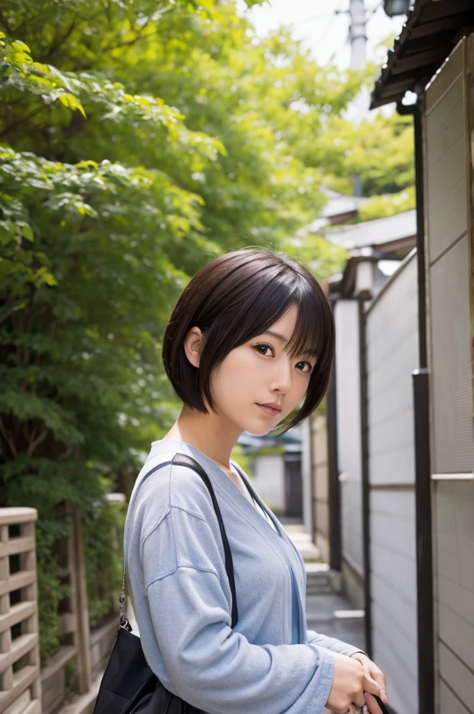 (top quality, Masterpiece, high resolution), (authenticity),beautiful japanese girl, Lovely, Gravure idle picture, detailed, detailed eyes, detailed skin, beautiful skin, beautiful skin, thin and long, (wallpapene details, detailed face, sad, sweater, skirt, Look straight ahead,From the waist up, bright lights, professional lighting, (A black-haired one, bob hair, layer cut, swaying in the wind, Bangs),