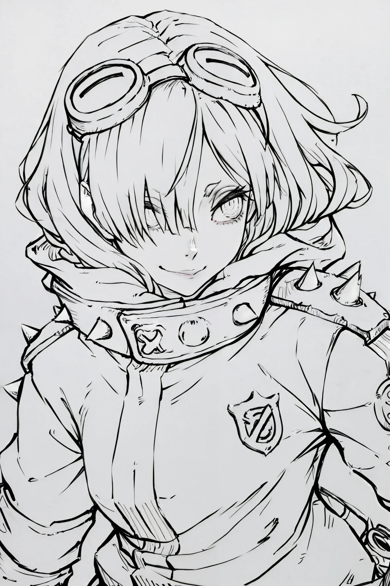 score_9, score_8_up, score_7_up, score_6_up, score_5_up, score_4_up,
BREAK
(masterpiece: 1.0), best quality, perfect anatomy, perfect composition, perfection,
BREAK
line-art, lineart, monchrome, greyscale, masterpiece. kdm style, no color
BREAK
1girl, school shirt, tie, jacket, spiked shoulder pads, shoulder length hair, hair over one eye, ringed eyes, googles on head, high angle, smile, small eyebrows, defined eyelashes