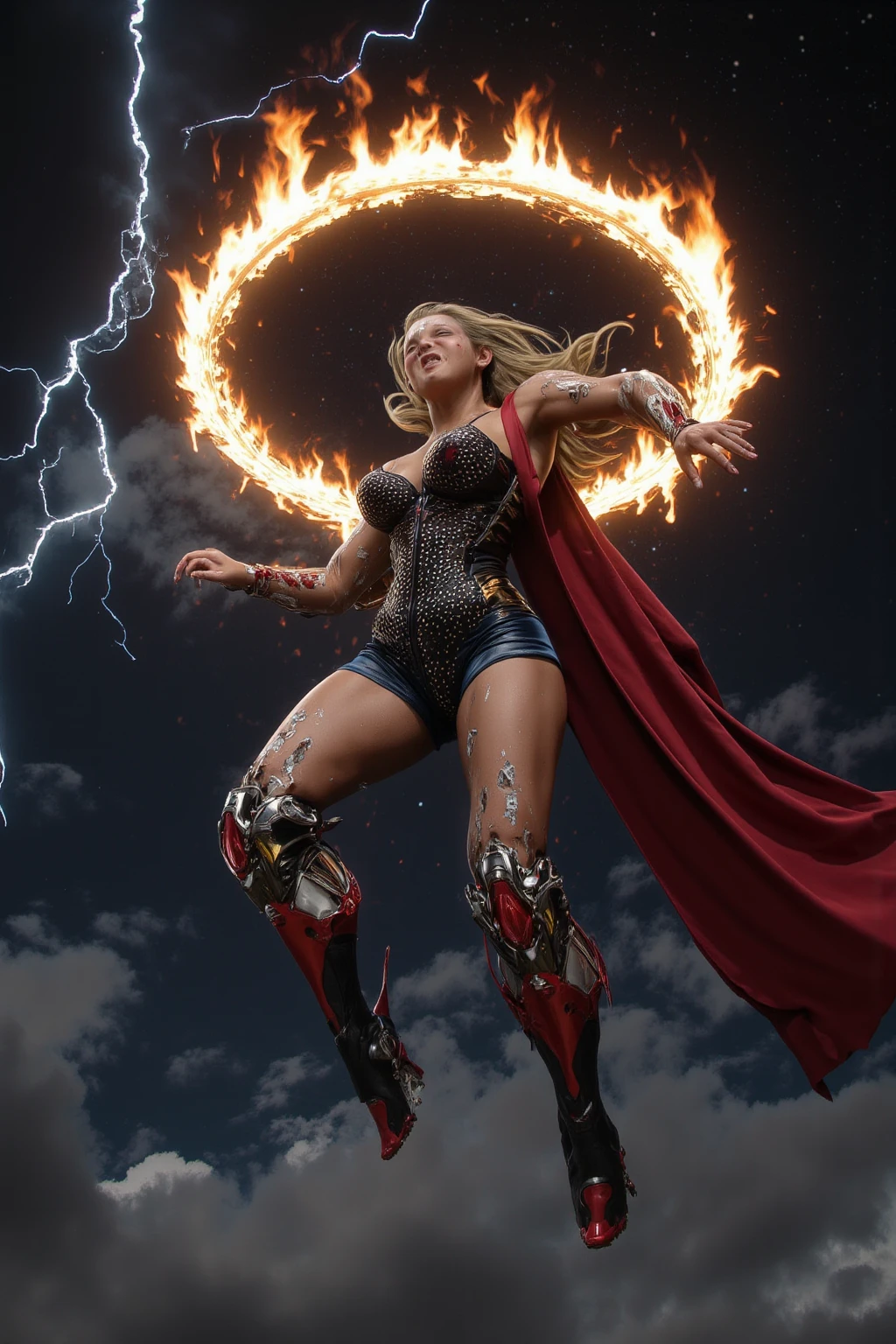 wonderwoman, long long gorgeous shining blonde hair, ((rough rope wrapped around body, tighten up)), latex, leotard, red costume, captured, shibari, static restrained, ((arms behind back)), chained, rope bind,collared, cruelly, painful, helpless, humiliating, regrettable, being whipped,((screaming in pain)), falling body, eyes closed, running away, ((directly strucked by lightning)), lean back, body lying down, body fall down, floating in air, full body shot, in alien land, bondage
