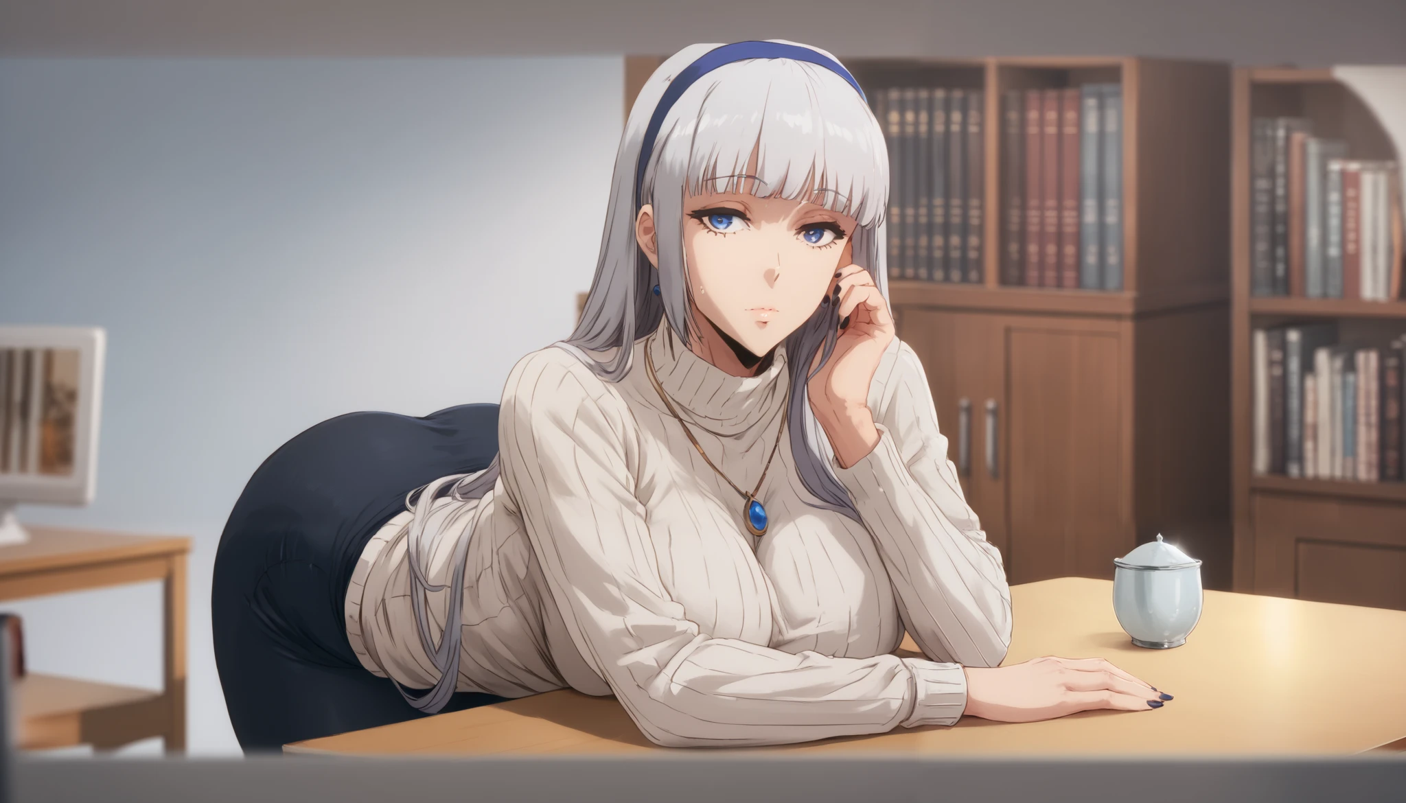 (cutesexyrobutts style:0.8), (neisan style:0.7), score_9, score_8_up, score_7_up, score_6_up, uncensored, mylene, long hair, silver hair, blue hairband, blue eyes, necklace, BREAK UHD, retina, masterpiece, accurate, anatomically correct, textured skin, super detail, high details, high quality, award winning, best quality, highres, 4K, black nails, makeup, eyelashes, excessive sweating, sweating, sweating drop, (gasping, heavy breathing:1.3), (skindentation:1.2), perfect eyes, beautiful eyes, eyelashes, makeup, BREAK large breasts, hearts, pleasured, solo, blurry, 1girl, depth_of_field, earrings, blurry_background, breasts, jewelry, bookshelf, indoors, table, sweater, solo, looking_at_viewer, blurry_foreground, long_sleeves, closed_mouth, pantyhose, hand_on_own_cheek, breast_rest, ribbed_sweater