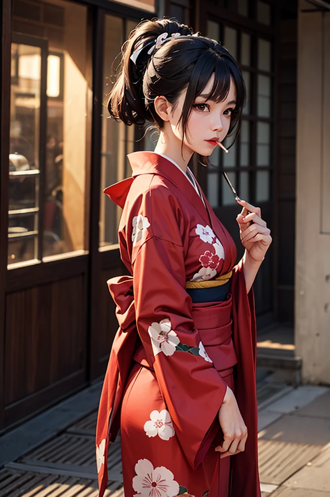 ((best quality, 8K, masterpiece)), ultra detailed, sharp focus, 1 cute girl, ((red kimono)), (((kimono lifting:1.4))), (((white lace panties))), highly detailed face and skin texture, ((detailed eyes)), ((beautiful eyes:1.2)), (Japanese shrine)
