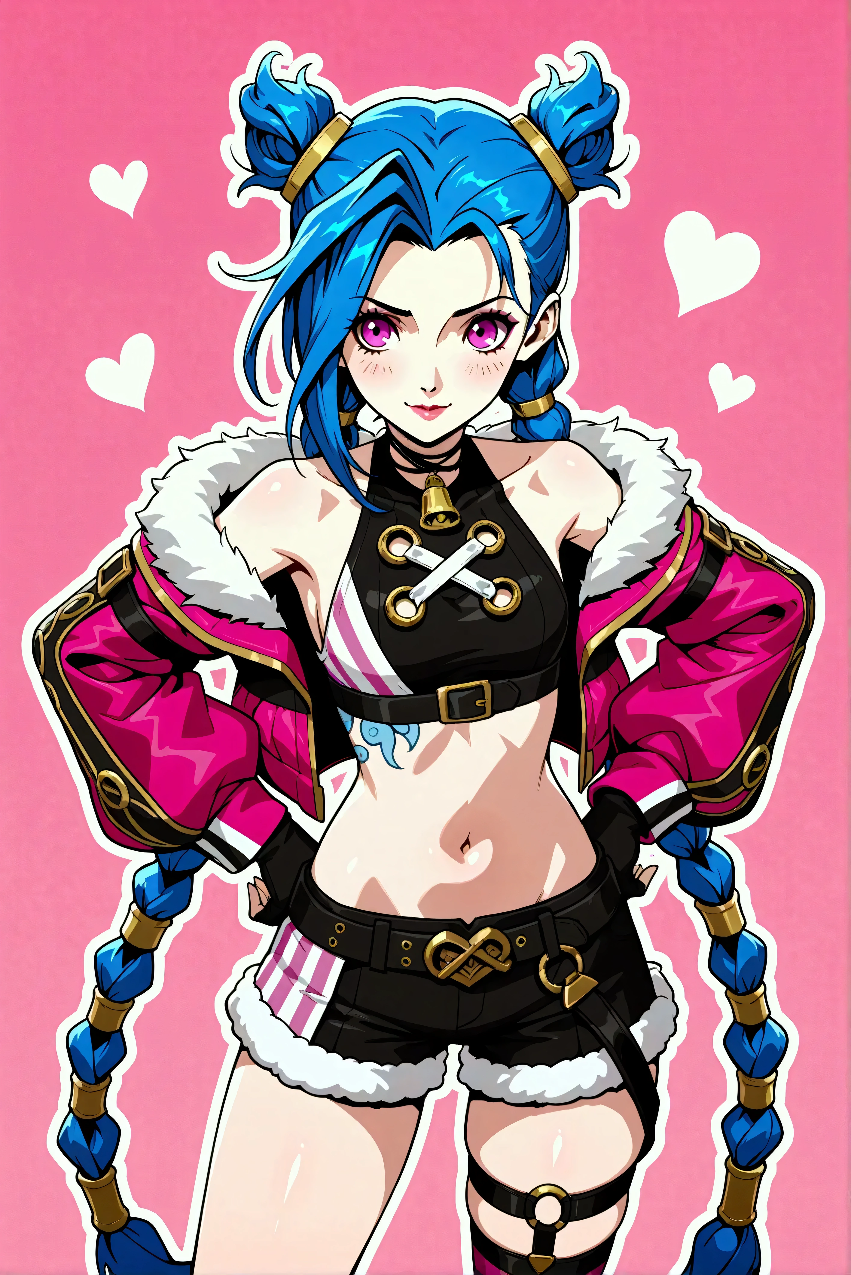 Créer une description créative et ludique d'un personnage inspiré du concept de « Nude Jinx » de noel, une représentation sexy et séduisante tout en mettant l'accent sur ses traits de personnalité, son style et la façon dont elle interagit avec le monde qui l'entoure. . Mettez l'accent sur sa nature ludique, son énergie vibrante et son sens unique de la mode d'une manière légère et artistique. Create a design or concept inspired by the character Jinx from the game *League of Legends* with a holiday twist, incorporating elements that reflect both her chaotic persona and the festive spirit of Christmas. Use bright colors, playful motifs, and unexpected contrasts to capture her mischievous nature while celebrating the joy of the holiday season. Consider elements such as decorations, outfits, and interactions with traditional holiday symbols. Aim for a fun and whimsical design that balances Jinx's wild energy with the warmth of festive cheer.