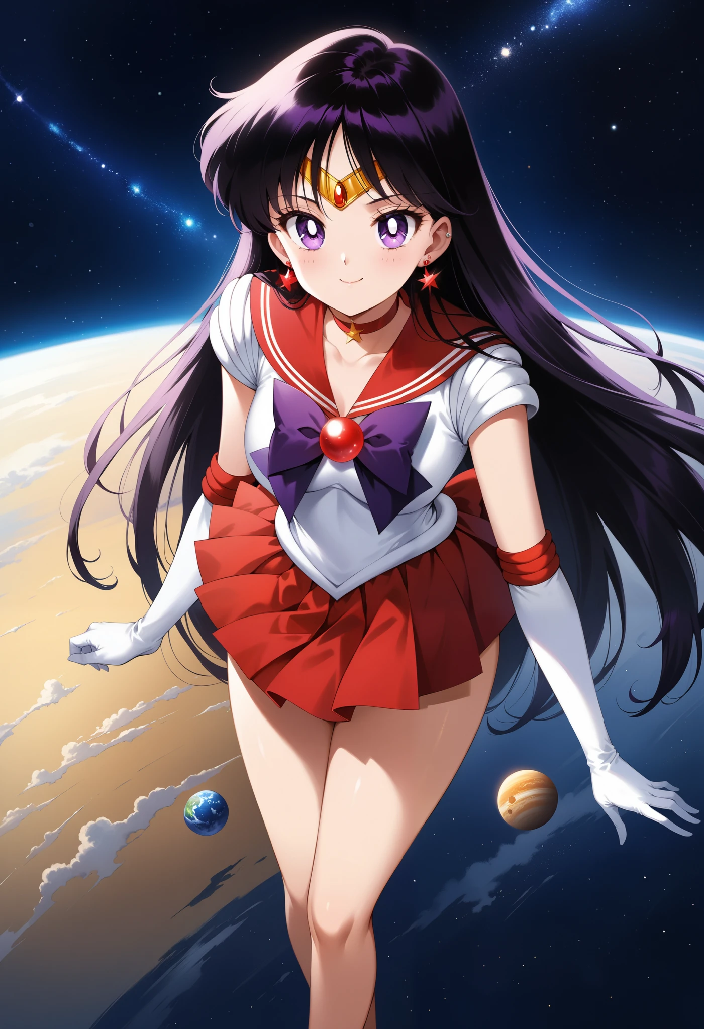 (masterpiece, best quality, very aesthetic, ultra detailed), intricate details, 4k, aamars, long hair, black hair, tiara, earrings, red choker, red sailor collar, purple bowtie, white shirt, elbow gloves, white gloves, pleated skirt, red skirt, bare legs, smile, space, stars, standing on planets, giantess, skulls, front below