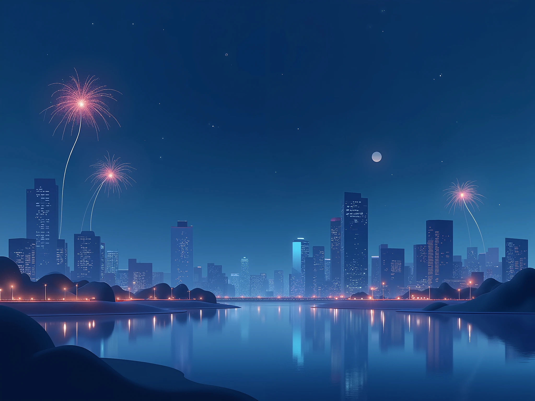 Simplicity，blue city night view，Skyline,light、fireworks