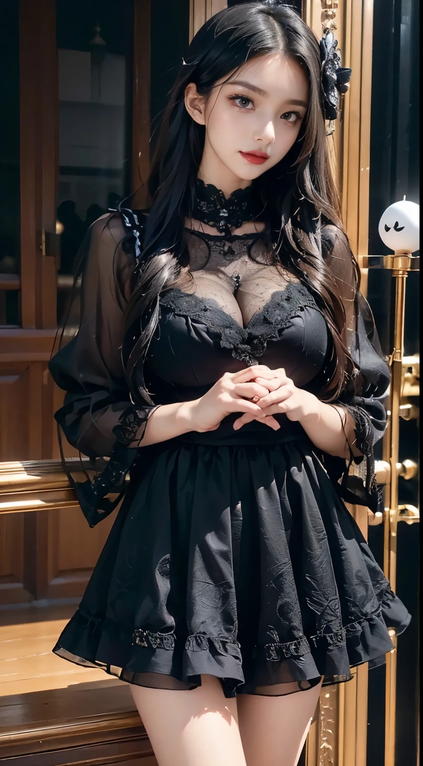 Ultra-detailed、Fascinating beauty、Dainty woman、Cool Girl、Wavy Hair、Black chiffon dress、Wide sleeves、flered skirt、Evil Female Executive、Evil Fall、brainwash、lacy fabric、Glossy legs、black lipstick、Evil look、Suspicious look、Hollow eyes、wicked、Reaching out、Over Head Shot、Hold your hand over it、stand up