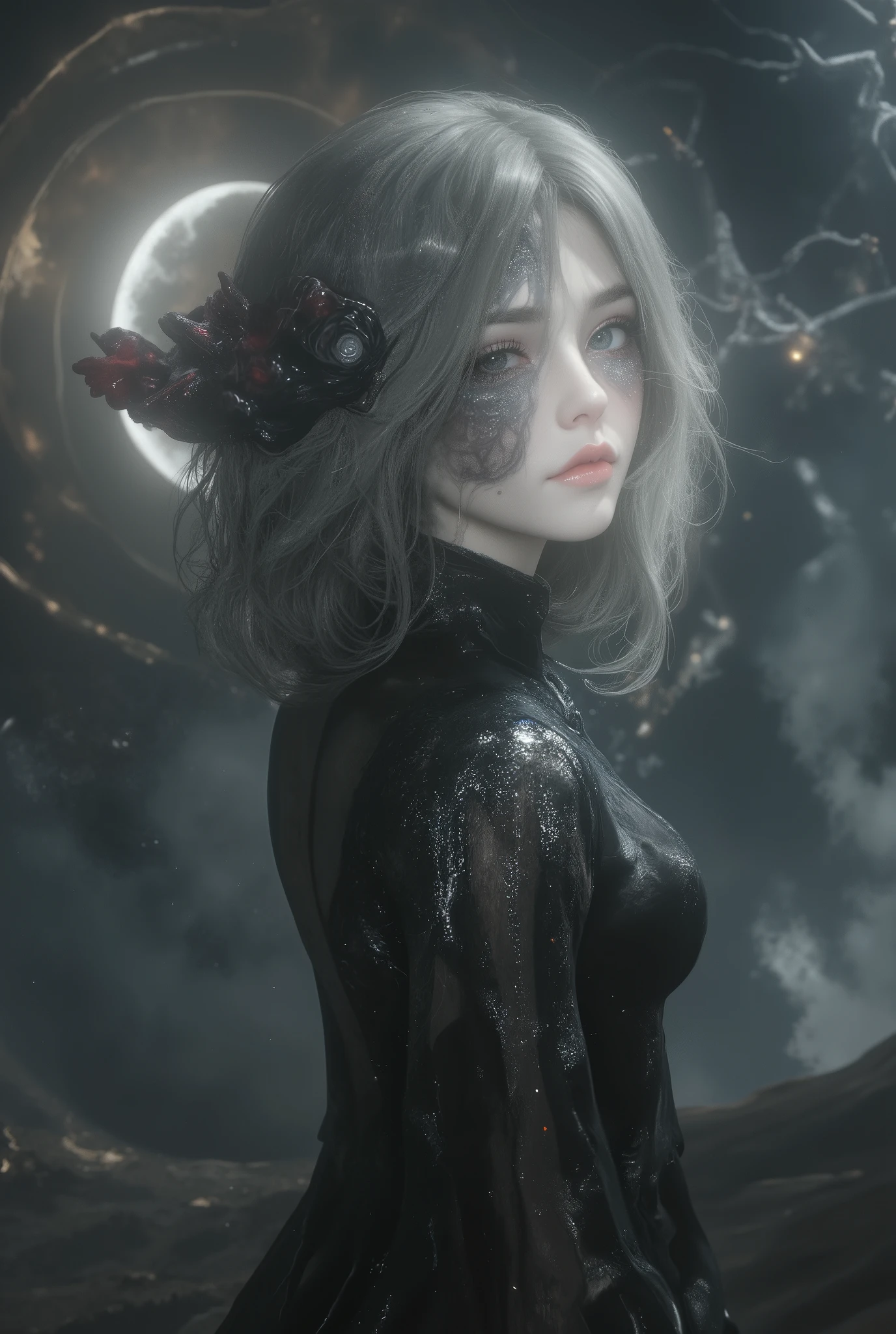 , (8k, top quality, Masterpiece , Final Fantasy Style: 1.2), ( realistic , photo realistic : 1.37), super detailed, ,Dreamy,A surreal mixed fantasy world,Combination of realistic and fantastical elements , magical effects , Sky, universe, Void Crack , I can see a completely dark space at the end of the crack, Odorous Space