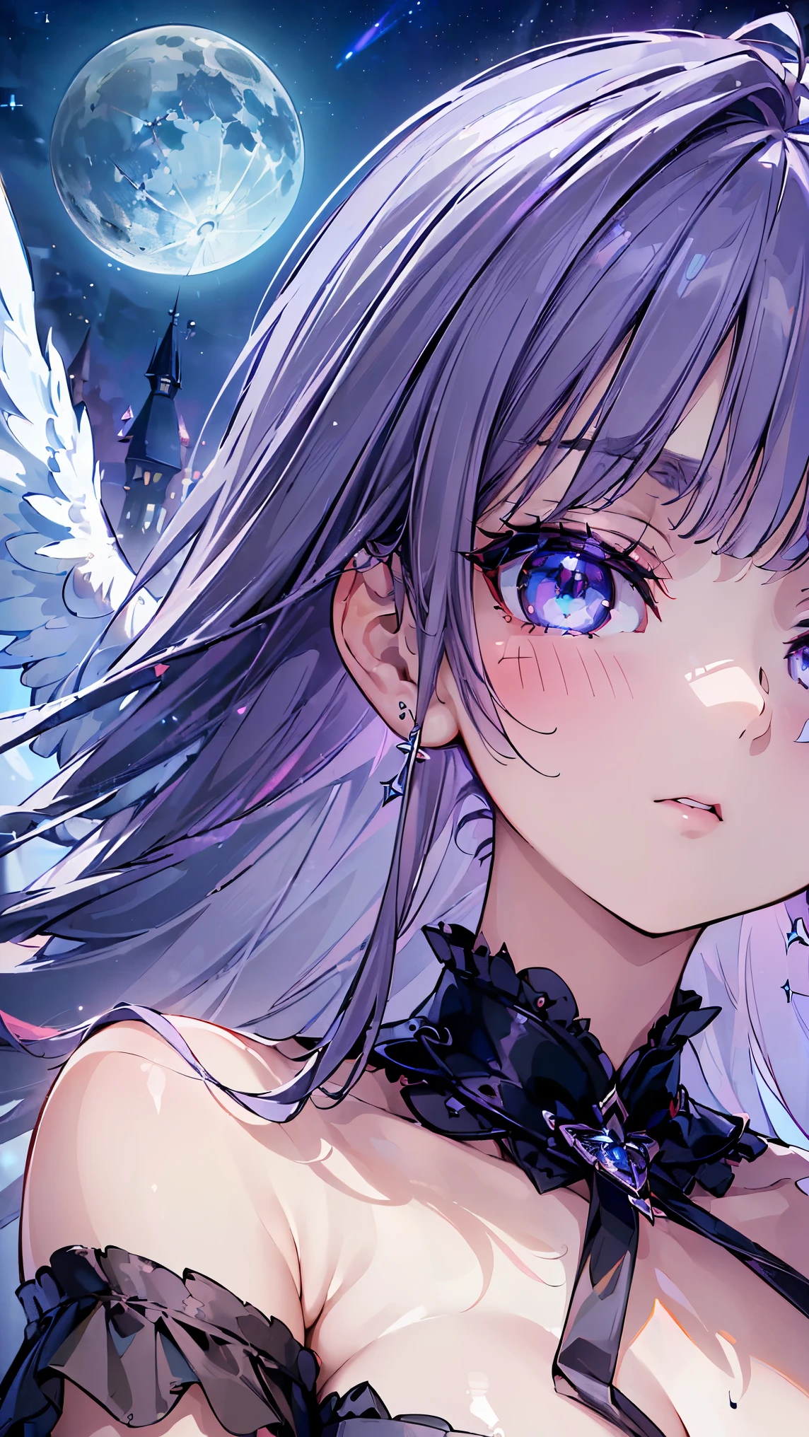 (((Best quality, 8k, Masterpiece: 1.3)), ((best quality)), Sharp focus A beautiful woman, Highly detailed face and skin texture, (Detailed eyes), Angel wings, Gothic ta, Gothic horror, glittering dress, fantasy, Lavender colored hair, Bracelet inlaid with red rubies, night, stars, moon, old castle