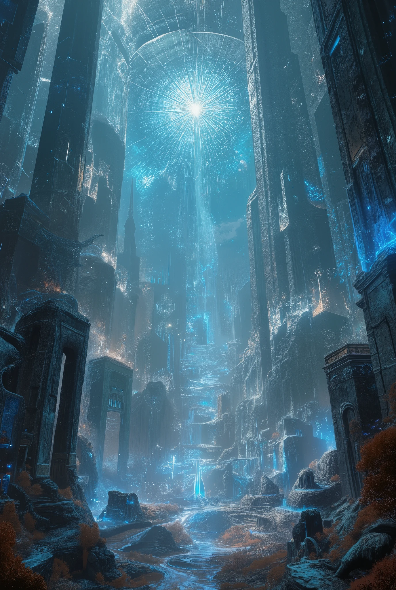 , (8k, top quality, Masterpiece , Final Fantasy Style: 1.2), ( realistic , photo realistic : 1.37), super detailed, ,Dreamy,A surreal mixed fantasy world,Combination of realistic and fantastical elements , magical effects , Sky, universe, Spaces Covered with Clear Ceilings , ひび割れたSky, Maze , 魔女の魔法でガラスのSkyが割れる
