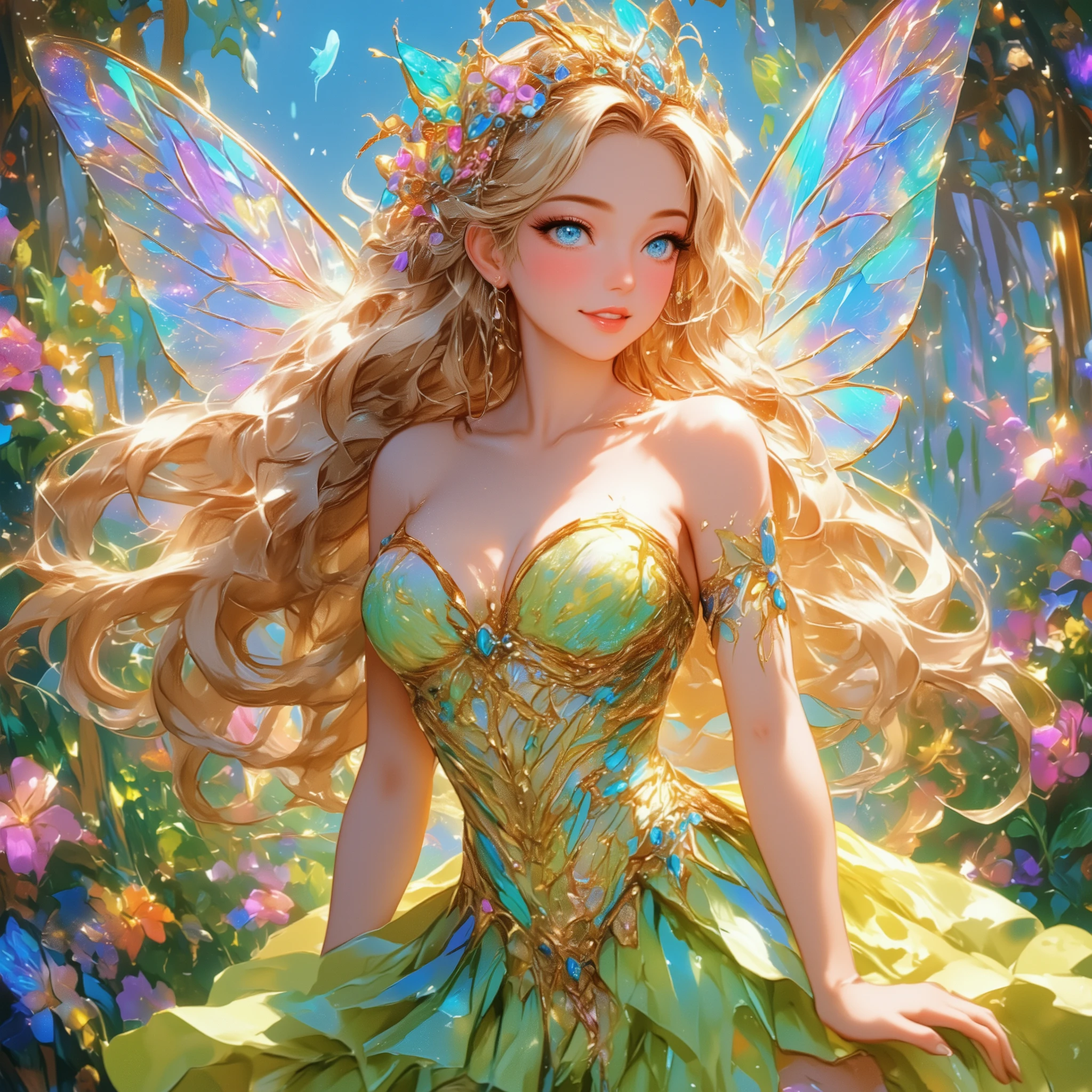 (Beautiful and detailed illustrations), (超 high resolution:1.5), (masterpiece), accurate, ((解剖学的に accurate人体:1.4)), more details, high detail, high resolution, Award-winning work ,32K, depth of field, digital camera, award-winning illustrations , Professional illustration work , (( A very beautiful and cute fairy princess like a French woman :1.5)), (( vivid, bright, beautiful, and delicate professional art illustrations )), (( best quality :1.5)), ((masterpiece:1.5)), (( realistic)), ( beautiful, vivid, and bright atmosphere ), ( A very beautiful and cute fairy princess like a Frenchman ), (((Full body shot from the top of the head to the feet :1.5))), (( A depiction that makes you feel the movement of dancing while spinning lightly and happily)), ((Long golden hair and clothes dancing big in the wind )), (( fairy princess in a fantasy world )), (( beautiful and beautiful, old white French style )), (( A very cute, ish look. )), ( beautiful and fluffy blonde long hair ), ((ルビーとダイヤが散りばめられた豪華な金のティアラと Lots of Colors とりどりの花で飾られた花の冠をかぶっている:1.5)), (You can see an enchanting large cleavage of the bust ), ((Quite large bust, F Cup)), (( Extremely detailed blue sparkling eyes :1.5)), (( beautiful catchlight on the eyes:1.4)), (( extremely sexy and beautiful clear blue eyes :1.5)), (( Extremely detailed, long, beautiful eyelashes :1.5)), ((Extremely detailed and beautiful eyebrows :1.5)), (( Extremely detailed and charming moisturized lips :1.5)), (( beautiful white teeth lined up nicely )), ( Pretty woman wearing a very bright pale green and very bright pink sparkling fairy style dress), ((Pink fairy dress with butterfly wings in very bright pastel colors :1.5)), Lots of Colors 々 deep covering a crown of flowers , Long brown hair and clothes fluttering big in the wind , looking at me with a gentle and cute expression , (A cute smile that shows some teeth:1.5), Skin feels soft , Natural makeup with gentle hues , Clear and fresh atmosphere , Delicate embroidery The V-neck dress that was made has a gradation of bright pale green and bright yellow, and is beautiful as if it were receiving light , The hem of the dress is soft It has a wavy form and creates a light atmosphere , 背景はぼかしがあるアートな雰囲気の Lots of Colors とりどりの花が一面に咲いている鮮やかでとても美しい風景でとても柔らかな光が降り注いでいる, A dreamy image characterized by extremely vivid colors and delicate depictions , wearing a pale green and yellow fairy style dress Women , Beautiful footage from the movie , (( Very beautiful butterflies in many sparkling light blue, pink, and yellow pastel colors flying all around )), ( A beautiful depiction that makes you feel happy dancing while spinning in the wind ), ( show your hands as little as possible ), accurate手の形, accurate指の形, accurate指の数,5 fingers on one hand