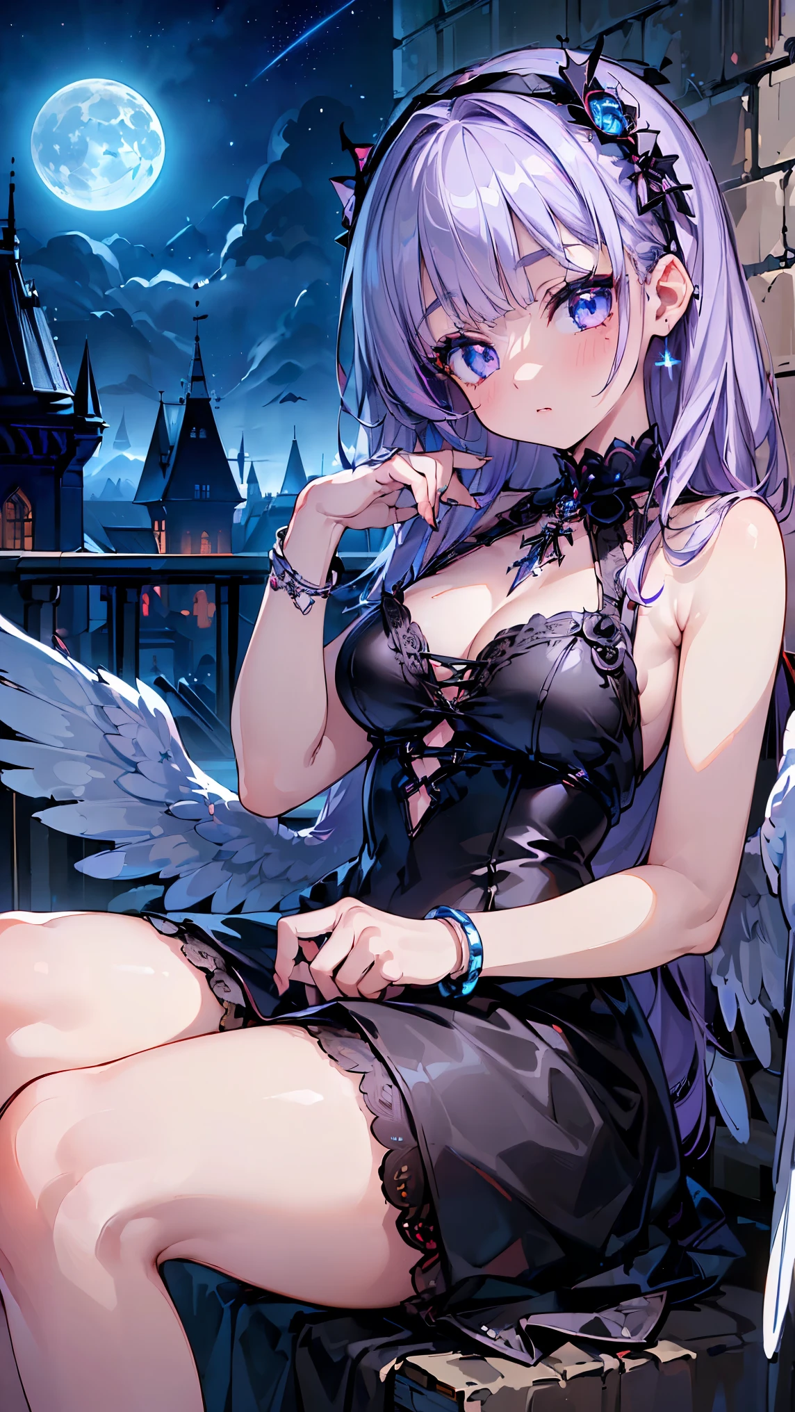(((Best quality, 8k, Masterpiece: 1.3)), ((best quality)), Sharp focus A beautiful woman, Highly detailed face and skin texture, (Detailed eyes), Angel wings, Gothic ta, Gothic horror, glittering dress, fantasy, Lavender colored hair, Bracelet inlaid with red rubies, night, stars, moon, old castle, whole body, Sitting on the castle walls