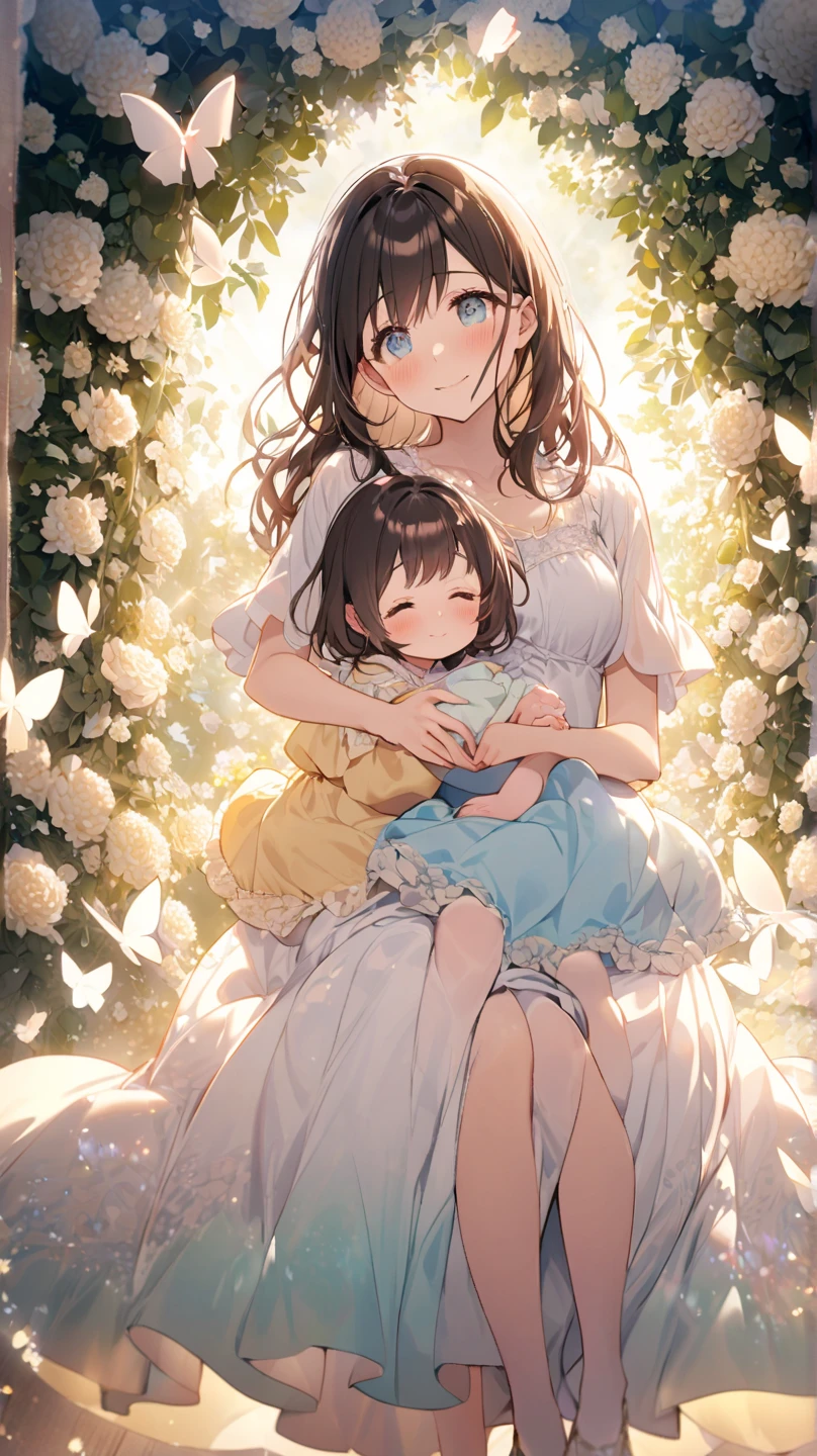 doting mother holding a baby,gently cradling baby in her arms,nurturing care for little ,warm motherly embrace,gentle touch of a mother's hands,affectionate gaze from mother's eyes,soft and delicate baby skin,sweet and innocent smile of the baby,adorned with a floral headband,loving bond between mother and ,peaceful and serene atmosphere,beautiful garden in bloom,colorful flowers in vibrant hues,lush green grass and blooming trees,sparkling sunlight filtering through the leaves,ethereal and dreamy ambiance,impressionist painting style,soft brushstrokes and vibrant colors of oil painting,warm and harmonious color palette,subtle play of light and shadows,masterpiece:1.2,ultra-detailed,realistic:1.37,vivid colors,sharp focus,studio lighting.