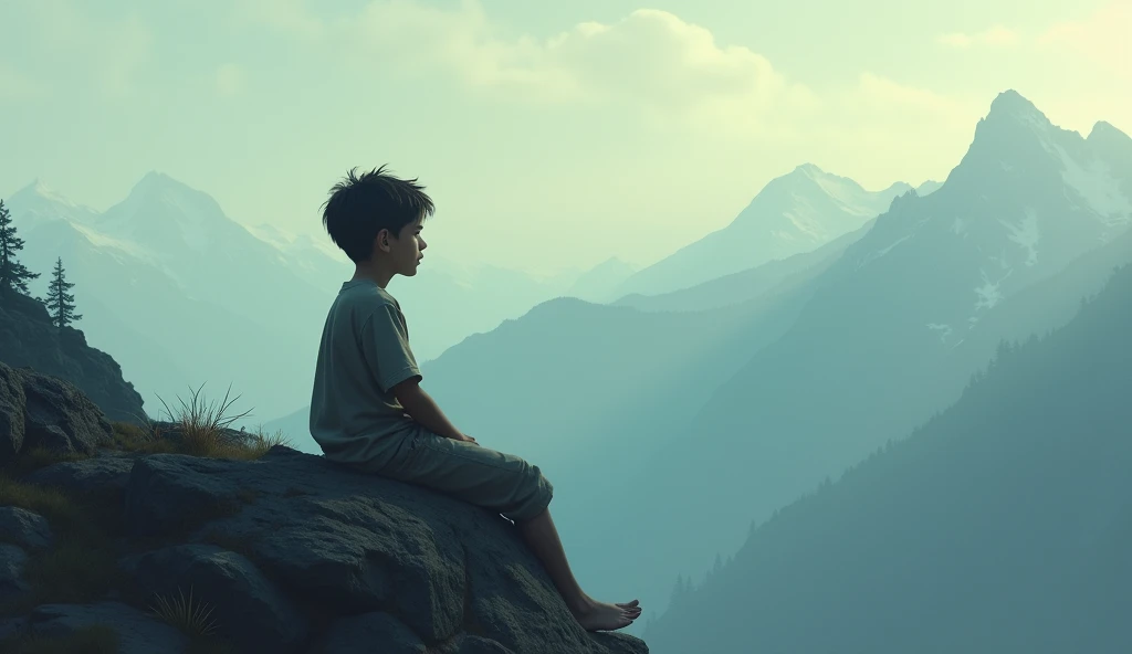 A boy of Glass on his two eye and he fill sad sitting on the mountain in deep forest
