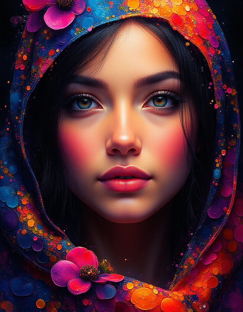 Surreal Macro Portraiture, of a insanely beautiful young girl, red silk scarf around her head, in the style of Diego Fazio, photorealism, vibrant interplay of light and shadows, vivid focus