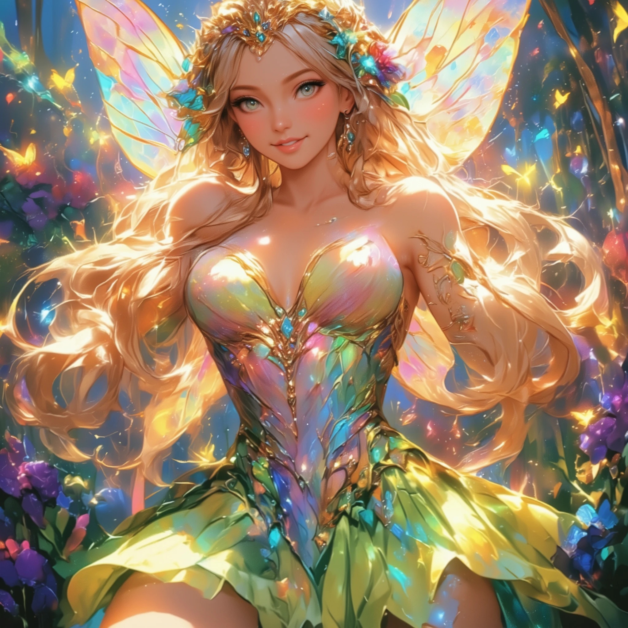 (Beautiful and detailed illustrations), (超 high resolution:1.5), (masterpiece), accurate, ((解剖学的に accurate人体:1.4)), more details, high detail, high resolution, Award-winning work ,32K, depth of field, digital camera, award-winning illustrations , Professional illustration work , (( A very beautiful and cute fairy princess like a French woman :1.5)), (( vivid, bright, beautiful, and delicate professional art illustrations )), (( best quality :1.5)), ((masterpiece:1.5)), (( realistic)), ( beautiful, vivid, and bright atmosphere ), ( A very beautiful and cute fairy princess like a Frenchman ), (((Full body shot from the top of the head to the feet :1.5))), (( A depiction that makes you feel the movement of dancing while spinning lightly and happily)), ((Long golden hair and clothes dancing big in the wind )), (( fairy princess in a fantasy world )), (( beautiful and beautiful, old white French style )), (( A very cute, ish look. )), ( beautiful and fluffy blonde long hair ), ((ルビーとダイヤが散りばめられた豪華な金のティアラと Lots of Colors とりどりの花で飾られた花の冠をかぶっている:1.5)), (You can see an enchanting large cleavage of the bust ), ((Quite large bust, F Cup)), (( Extremely detailed blue sparkling eyes :1.5)), (( beautiful catchlight on the eyes:1.4)), (( extremely sexy and beautiful clear blue eyes :1.5)), (( Extremely detailed, long, beautiful eyelashes :1.5)), ((Extremely detailed and beautiful eyebrows :1.5)), (( Extremely detailed and charming moisturized lips :1.5)), (( beautiful white teeth lined up nicely )), ( Pretty woman wearing a very bright pale green and very bright pink sparkling fairy style dress), ((Pink fairy dress with butterfly wings in very bright pastel colors :1.5)), Lots of Colors 々 deep covering a crown of flowers , Long brown hair and clothes fluttering big in the wind , looking at me with a gentle and cute expression , (A cute smile that shows some teeth:1.5), Skin feels soft , Natural makeup with gentle hues , Clear and fresh atmosphere , Delicate embroidery The V-neck dress that was made has a gradation of bright pale green and bright yellow, and is beautiful as if it were receiving light , The hem of the dress is soft It has a wavy form and creates a light atmosphere , 背景はぼかしがあるアートな雰囲気の Lots of Colors とりどりの花が一面に咲いている鮮やかでとても美しい風景でとても柔らかな光が降り注いでいる, A dreamy image characterized by extremely vivid colors and delicate depictions , wearing a pale green and yellow fairy style dress Women , Beautiful footage from the movie , (( Very beautiful butterflies in many sparkling light blue, pink, and yellow pastel colors flying all around )), ( A beautiful depiction that makes you feel happy dancing while spinning in the wind ), ( show your hands as little as possible ), accurate手の形, accurate指の形, accurate指の数,5 fingers on one hand