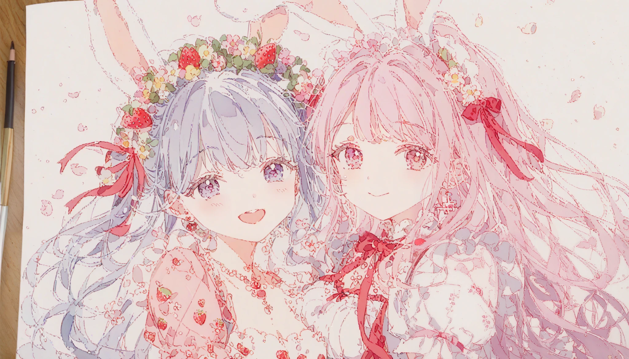 1 girl 、(PastelColors:1.3)、(Cute illustration:1.3)、(watercolor paiting:1.1)、highest quality, masterpiece, Surreal, High resolution, very detailed, 8k, (one girl:1.3), cute, anime, clear white skin,Yumekawa、fancy、pastel、Pink and light blue, cross-shaped pupils,Rabbit ears:1.0、 offer strawberries、Physical education sitting、 (PastelColors:1.3)、(Cute illustration:1.3)、(watercolor paiting:1.3)、2girls:1.3、Detailed background、Smile with open mouth、close your eyes and laugh、Beautifully detailed、My、colourfull、marble、Particles of light、patterns、Double Layer Dress、Detailed drawing、Vibrant colors、striking contrast、intricate detailes、Delicate depiction、Luminescent、full body Esbian、Beautiful facial features、Brightly colored eyes、Wearing intricate and delicate ornaments、glowing aura、Radiant hair,Morning light、White and red motifs、Red ribbons、Strawberry wreath background、,Thick wool gown:0.8、sweet、Cute as a dream、full body lolita、laugh, happy smiley、 have a smiling smile 、holding bunch of flowers、reacing outflowers、The entire background is pale purple、Purple Fantasy,reacing outflowers