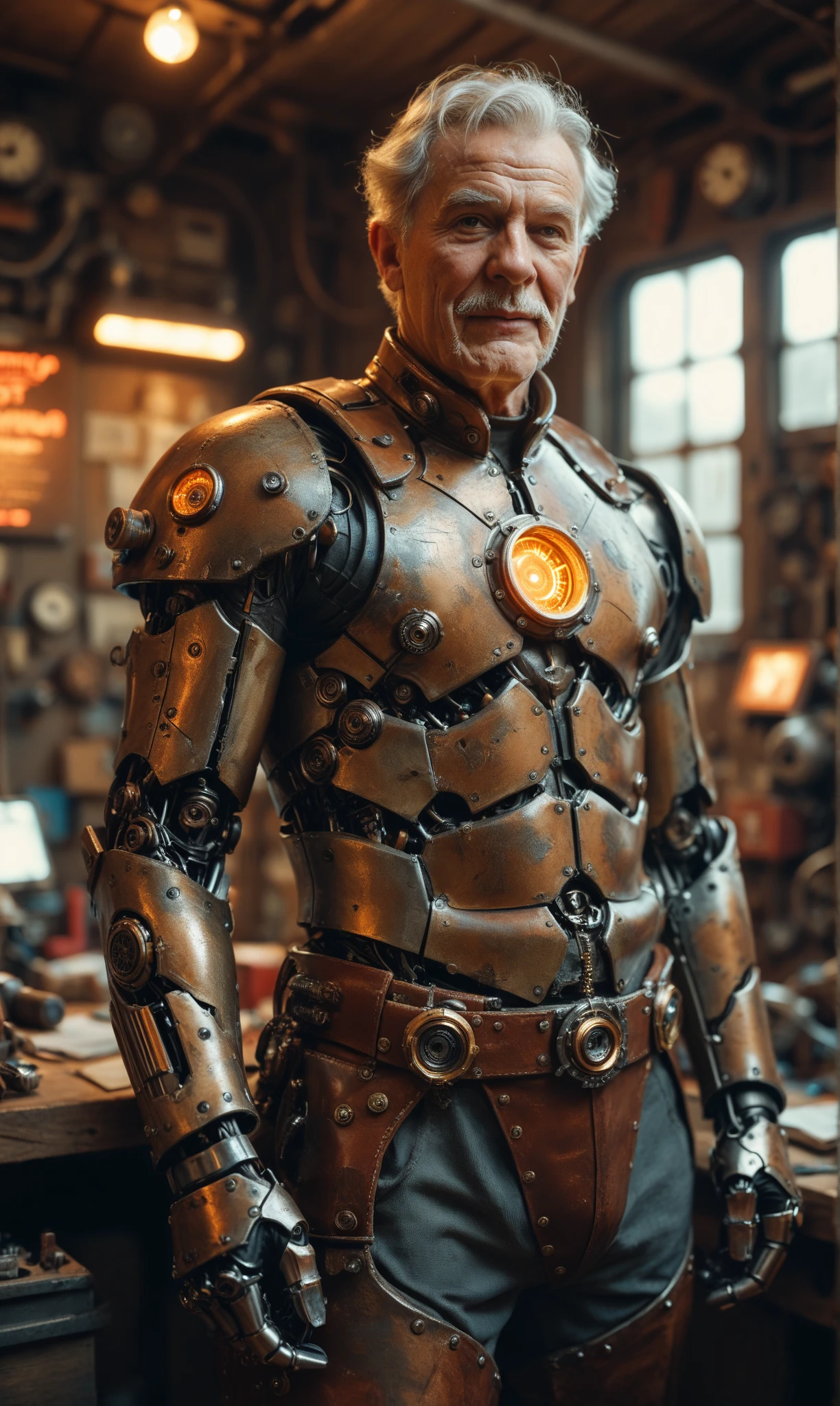 (best quality, masterpiece, highest detailed), (photorealistic:1.2), raw photo, professional photo, old cyborg man, mechanical body, mechanical body parts, (rusty body), tubes and wires sticking out everywhere, standing in an old workshop, looking  at the viewer, thigh-high photo, dramatic lighting, dark room, little light, spot light,  (vibrant color), (intricate details), (dynamic angle), exposure blend, bokeh, dim light, (hdr:1.4 ),  high contrast, (muted colors, dim colors, soothing tones:1.3), low saturation, morbid