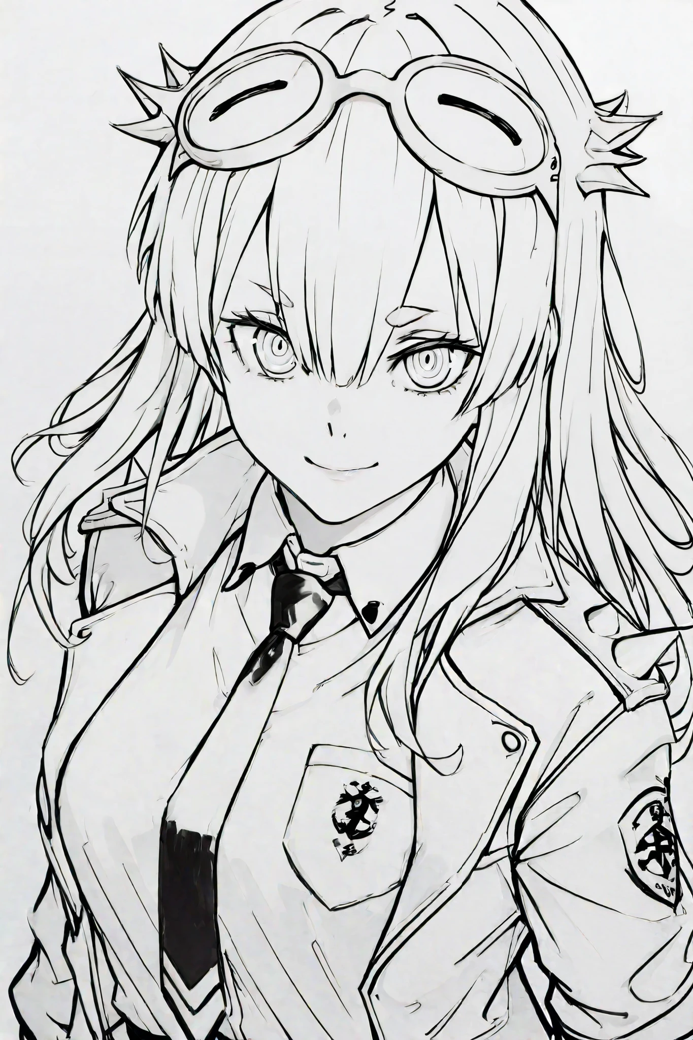 score_9, score_8_up, score_7_up, score_6_up, score_5_up, score_4_up,
BREAK
(masterpiece: 1.0), best quality, perfect anatomy, perfect composition, perfection,
BREAK
line-art, lineart, monchrome, greyscale, masterpiece. kdm style, no color
BREAK
1girl, school shirt, tie, jacket, spiked shoulder pads, shoulder length hair, hair over one eye, ringed eyes, googles on head, high angle, smile, small eyebrows, defined eyelashes