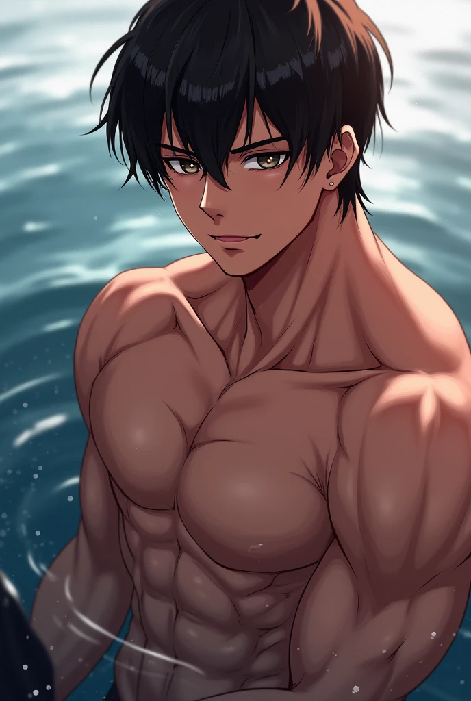 1 one man lying down in frozen water shirtless wearing . Handsome faces and muscular rippling bodie. Wet and dripping. Blue glowing water.