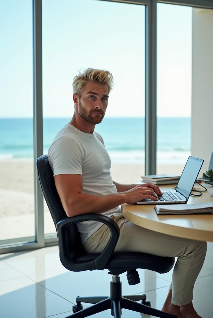 California blonde beautiful boys shirtless with a computer in the sand running to the ocean, a computer in the sand, octane render, hot, sunny day, tan, realistic
