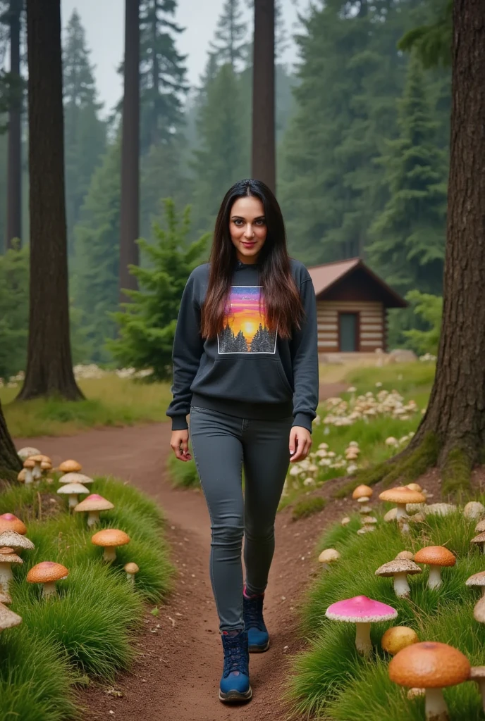woman wearing sleefest with Lime criss cross decoration with skirt bottom. Maroon stockings with Violet pattern, turtleneck, , 
 solo, long hair, looking at viewer, smile, blue hair, standing, lips, 
olga boyko style  , ([Jennifer( :0)Love( :0)Hewitt|avi love|Gal( :0)Gadot]:0.85) standing,
Forest hiking trail and nature sounds
 <lora:holiday_outfit_sleefest_xl:0.6>