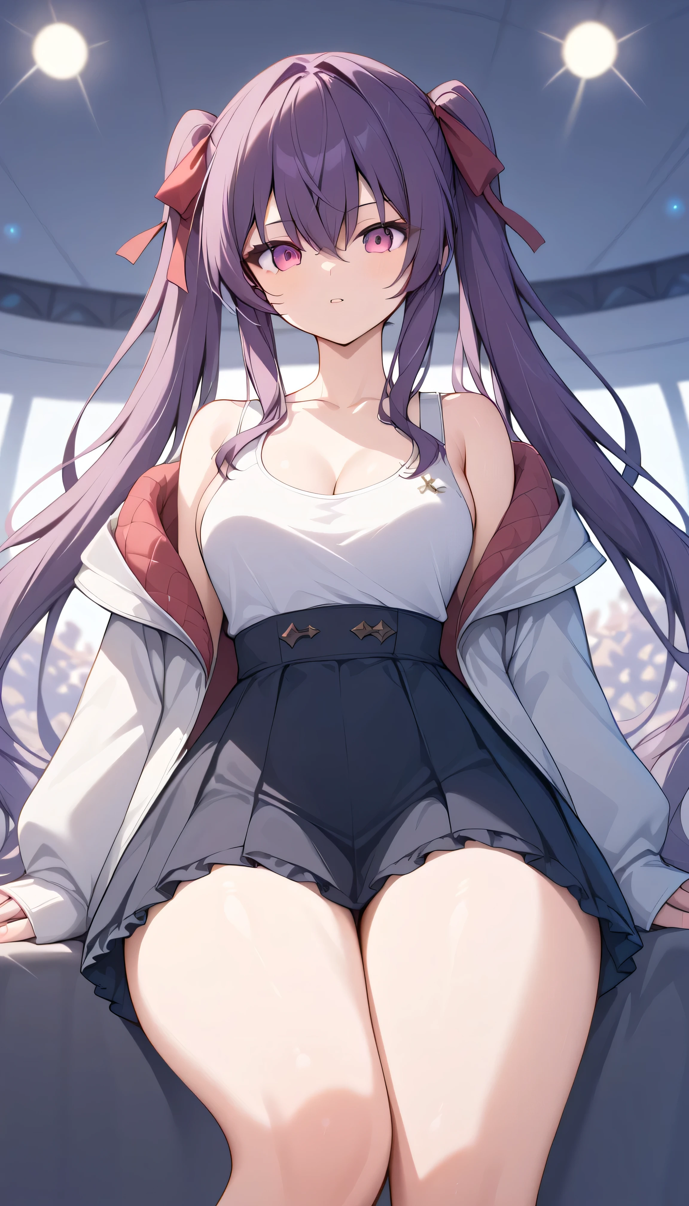 Purple Hair pink eyes twintails, long hair hair ribbon Red ribbon Alone, I can see my eyebrows from inside my hair, hair between eyes , Audience , masterpiece, best quality , very aesthetic, thick thighs, Tank top skirt rider jacket casual