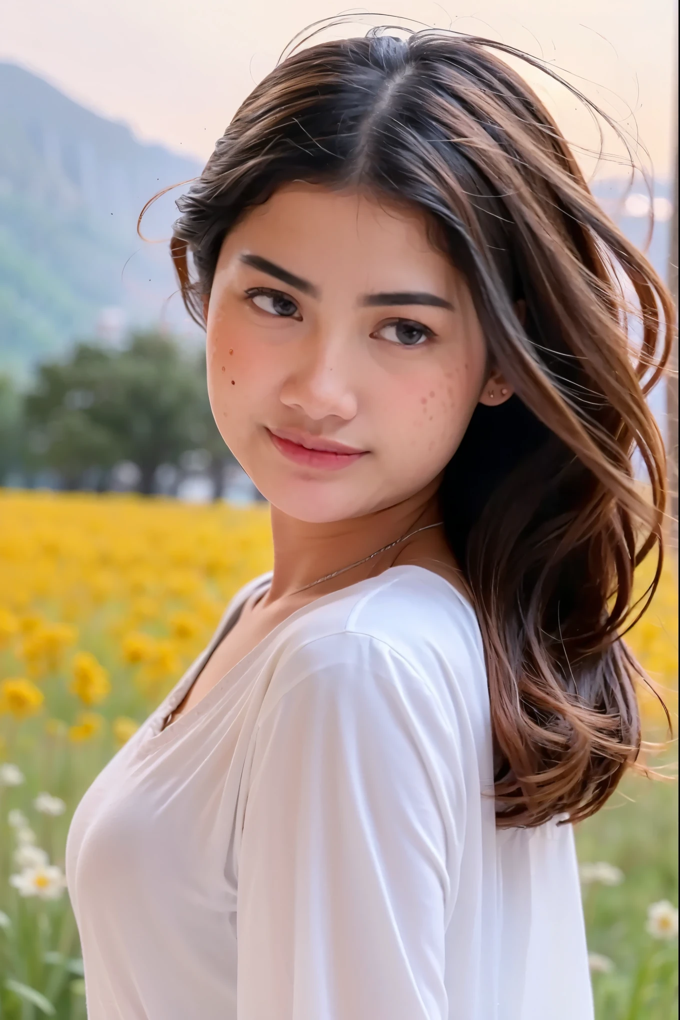 (masterpiece, best quality:1.2, 8k RAW photo, 1girl, solo, natural soft lighting), medium breast, standing in flower field, mountains background, upper body, looking at camera, the wind is flowing her hair