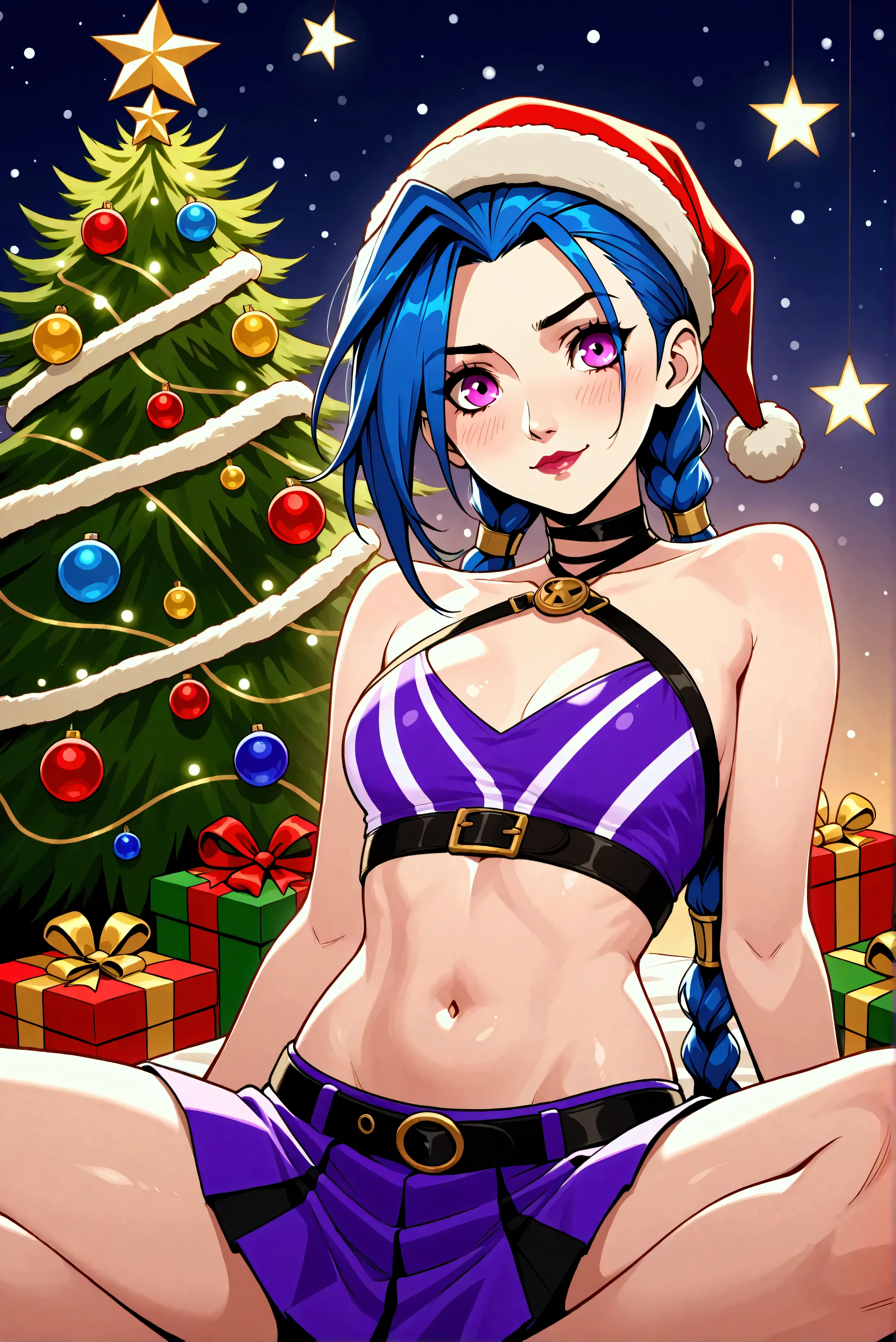 comlynx, 1girl, breasts, hat, choker, animal_ears, purple_eyes female focus, 1girl, cuerpo completo , grandes tetas, gran trasero, voluptuoso, piernas abiertas , pose sexy , escote , Christmas hat , Christmas Clothes, nieve , christmas lingerie, christmas coat , christmas stockings , christmas heels