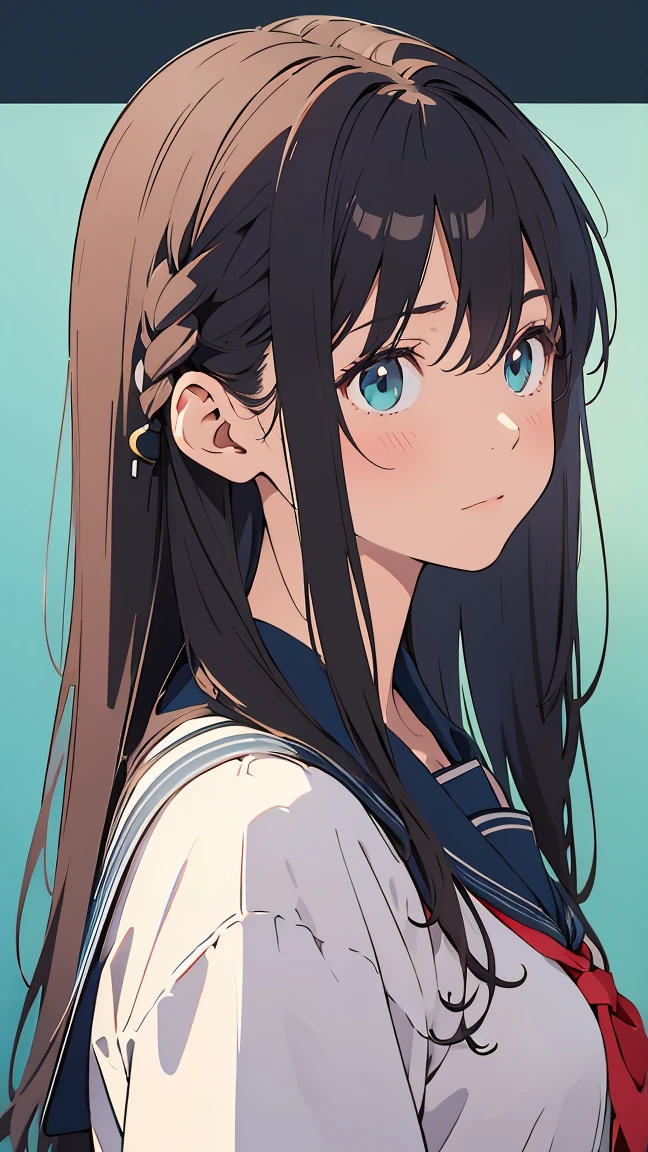 A young Asian girl, around , with long, dark hair tied back, wearing a dark navy blue school uniform jacket, featuring a bold navy blue and white baseball jacket style, with the word "SIII" embroidered on the . The jacket has prominent navy blue buttons. She is seen from the mid- up, in a three-quarter view, with a slightly melancholic, or pensive expression, her eyes half-closed, soft light-grey in color. The image has a stylized, monotone, almost poster-like quality, with a desaturated color palette of mostly deep blues, light greys, and a muted neutral color scheme. A stippling or dotted halftone effect adds depth and creates a textured feel to the drawing. The composition is centered, filling most of the frame. The background is a solid, muted teal/grey blue, creating a strong contrast with the subject's clothing. Style: Anime, digital art, manga. Detailed, high quality, photorealistic, ultra detailed, 8k, --ar 1:1.5 --s 750