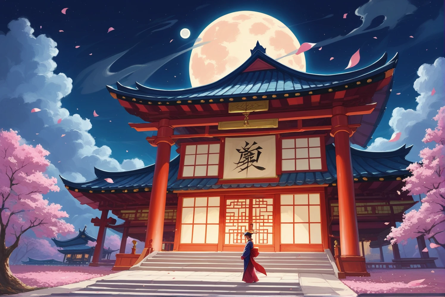 good night, Ink painting style, cool zombie super woman samurai Aura emanates from the body kimono Cherry blossom pattern with red gold color, cool art, standing background temple A world of peace, a thin smoke in the night, realistic picture, A world of peace, a thin layer of smoke, the moon watching over the world,((masterpiece, highest quality, 8K)) ((masterpiece, highest quality, 8K))