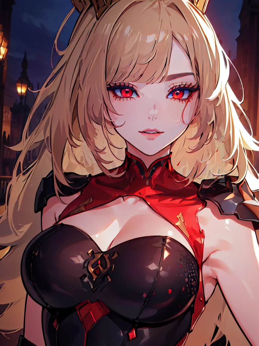 Young girl, long blonde hair, blue eyes, red jacket, sleeveless, skirt, lot of tattoo, dragon tattoo in arms, open breasts, wide neckline, boob window, window in chest, smirk, magic claws, magic tail, , Masterpiece, best quality, Full HD, 8k, ultra details, great graphic