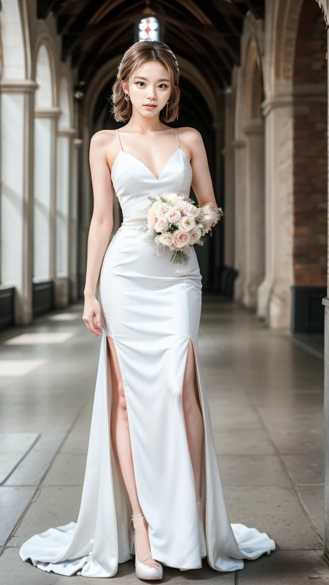 Arad woman in white dress，holds a bouquet of flowers, elegant glamor pose, jia, White gown, digital art of an elegant, inspired by Sim Sa-jeong, full-body xianxia, detailled image, Emma Watson as Greek goddess, Emma Watson as Blond Aphrodite, Full body portrait, soft elegant gown, elegant smiling pose