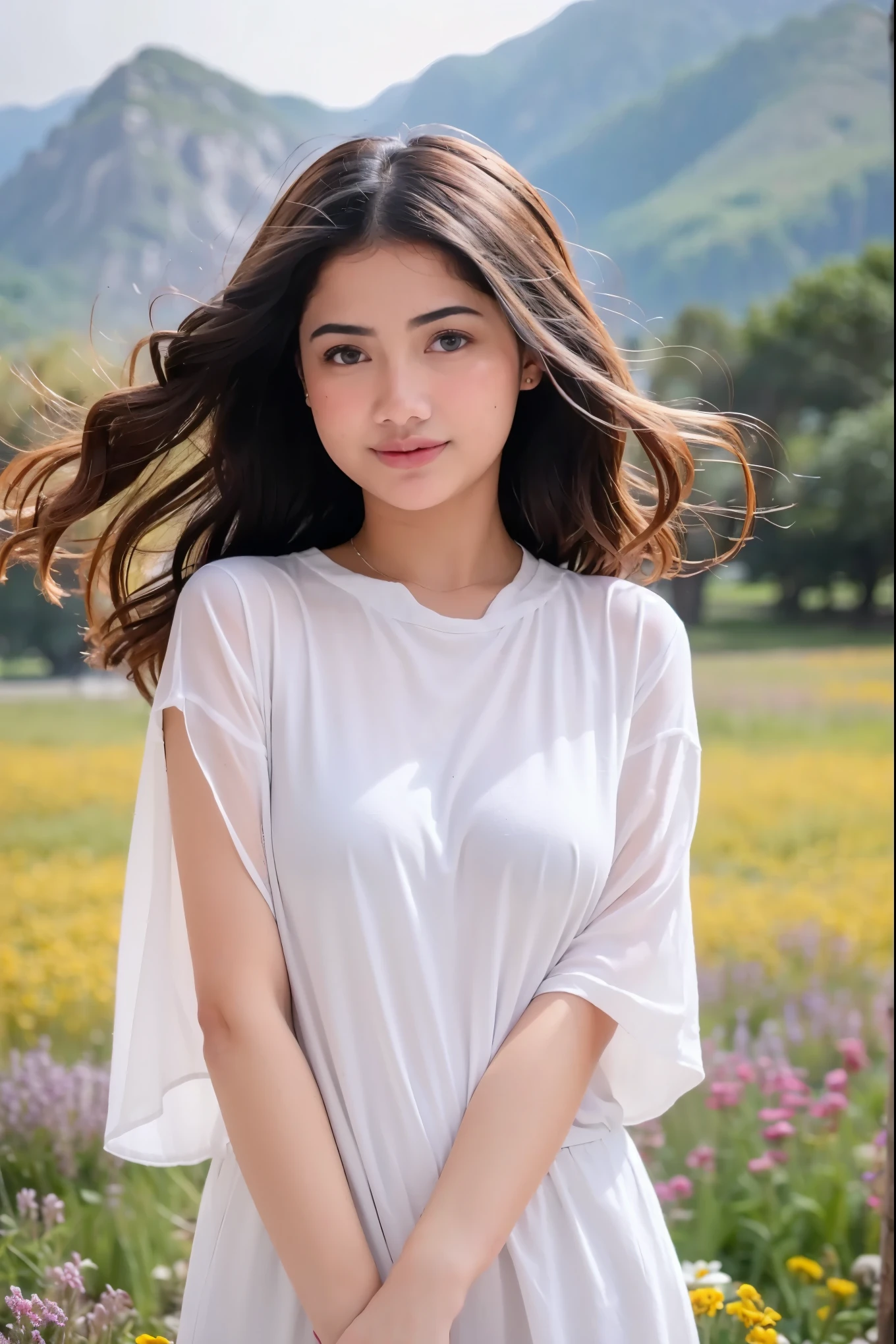 (masterpiece, best quality:1.2, 8k RAW photo, 1girl, solo, natural soft lighting), standing in flower field, mountains background, upper body, looking at camera, the wind is flowing her hair