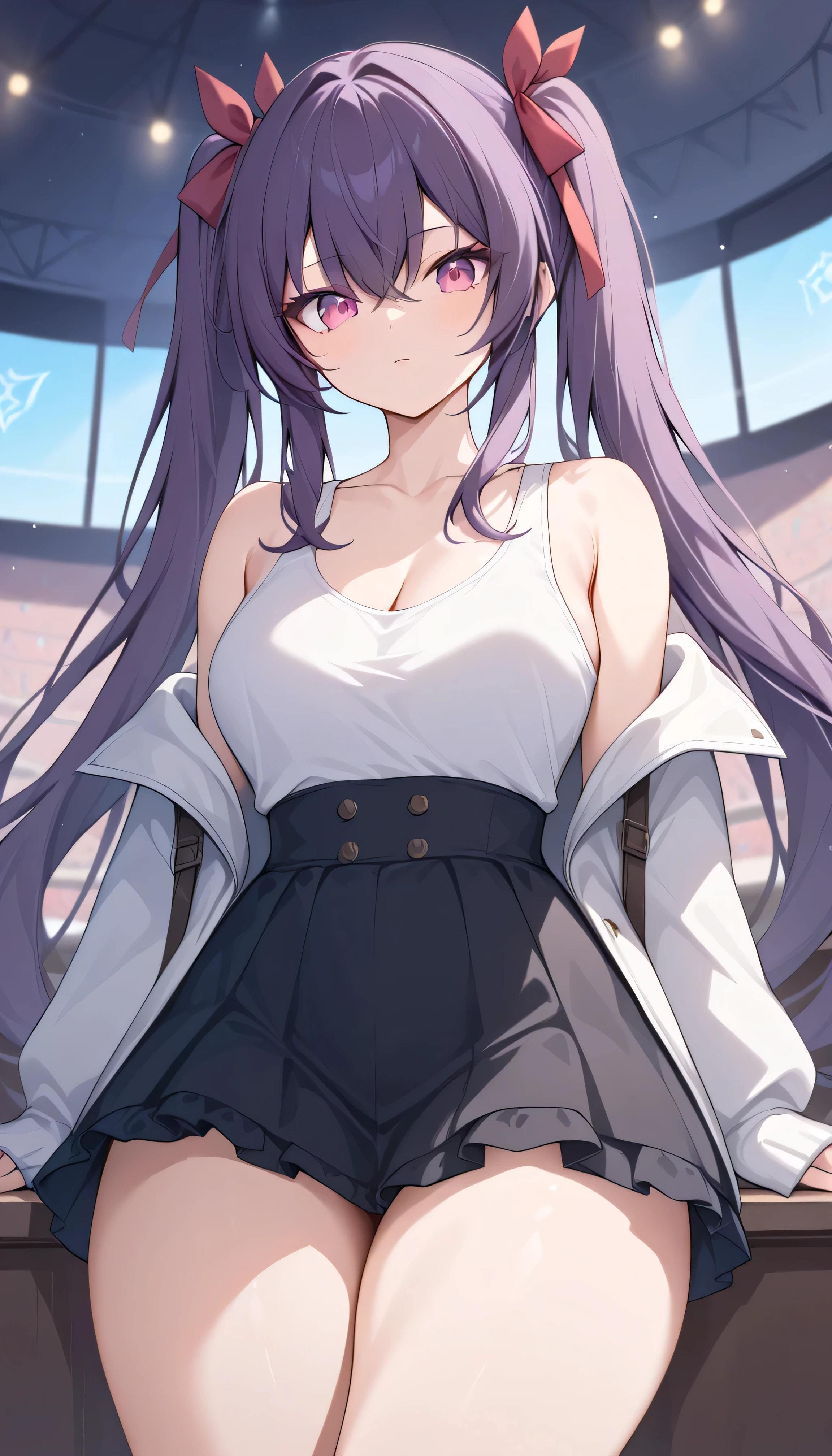 Purple Hair　 pink eyes　twintails, long hair　hair ribbon　Red ribbon　Alone,  I can see my eyebrows from inside my hair,  hair between eyes ,   Audience , masterpiece,  best quality , very aesthetic, thick thighs,　Tank top　skirt　rider jacket　 casual　