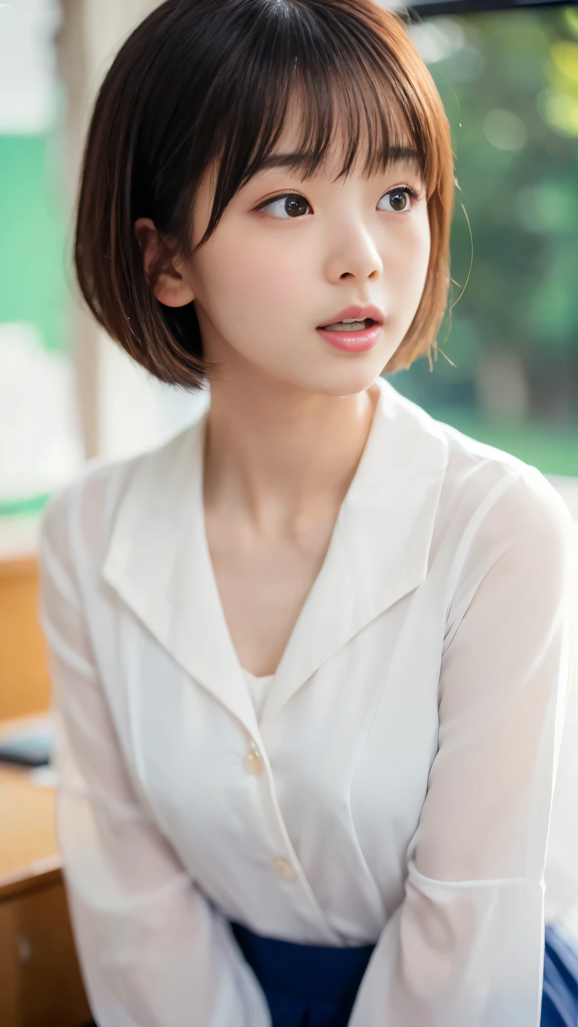 table top、highest quality、figure、 super detailed、finely、 High resolution、8k wallpaper、14 year old pretty girl、detailed beautiful face、detailed cute eyes、Smooth skin、modest smile、short hair、bob cut、big breasts、Summer School Uniform、white blouse、White collar、open collar、No ribbon、No bra、Nipple potch、nipples are visible、135mm lens、short sleeve、Upper body、face close up、bust shot、Photo from the chest up、Face straight in front of you、looking at the camera、Light is shining from the front