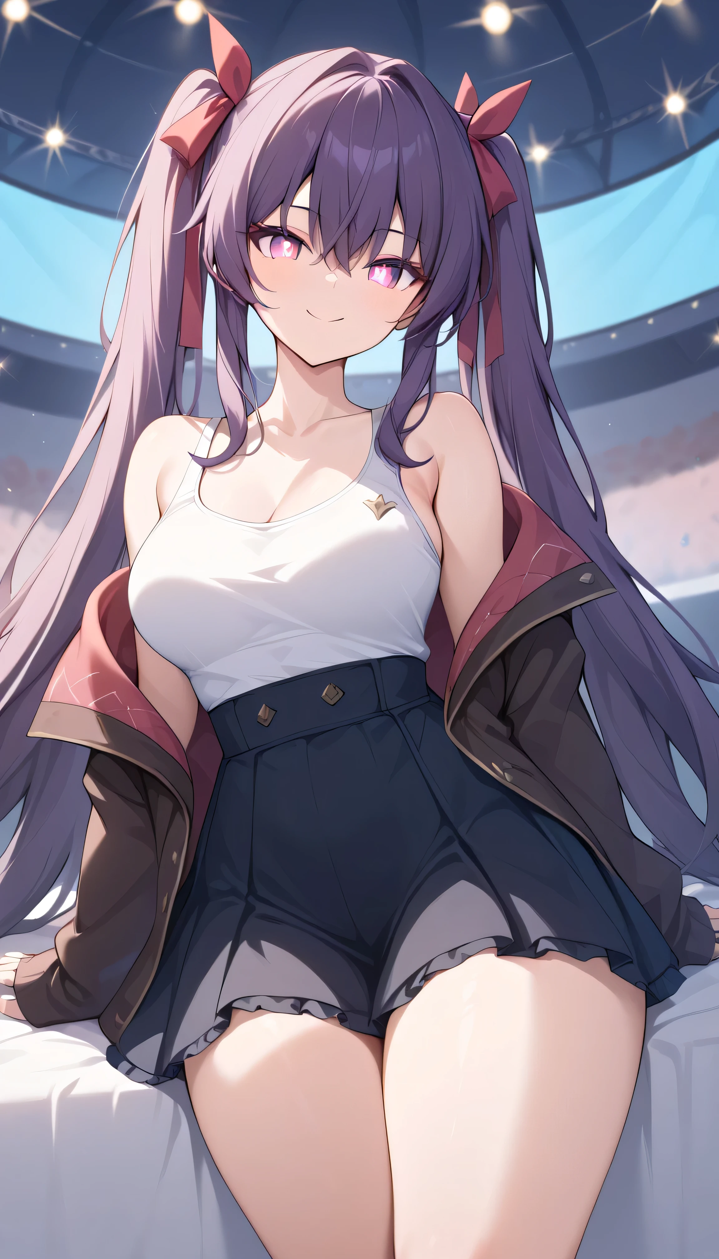 Purple Hair　 pink eyes　twintails, long hair　hair ribbon　Red ribbon　Alone,  I can see my eyebrows from inside my hair,  hair between eyes ,   Audience , masterpiece,  best quality , very aesthetic, thick thighs,　Tank top　skirt　rider jacket　 casual　glowing pink pupils　seductive smile