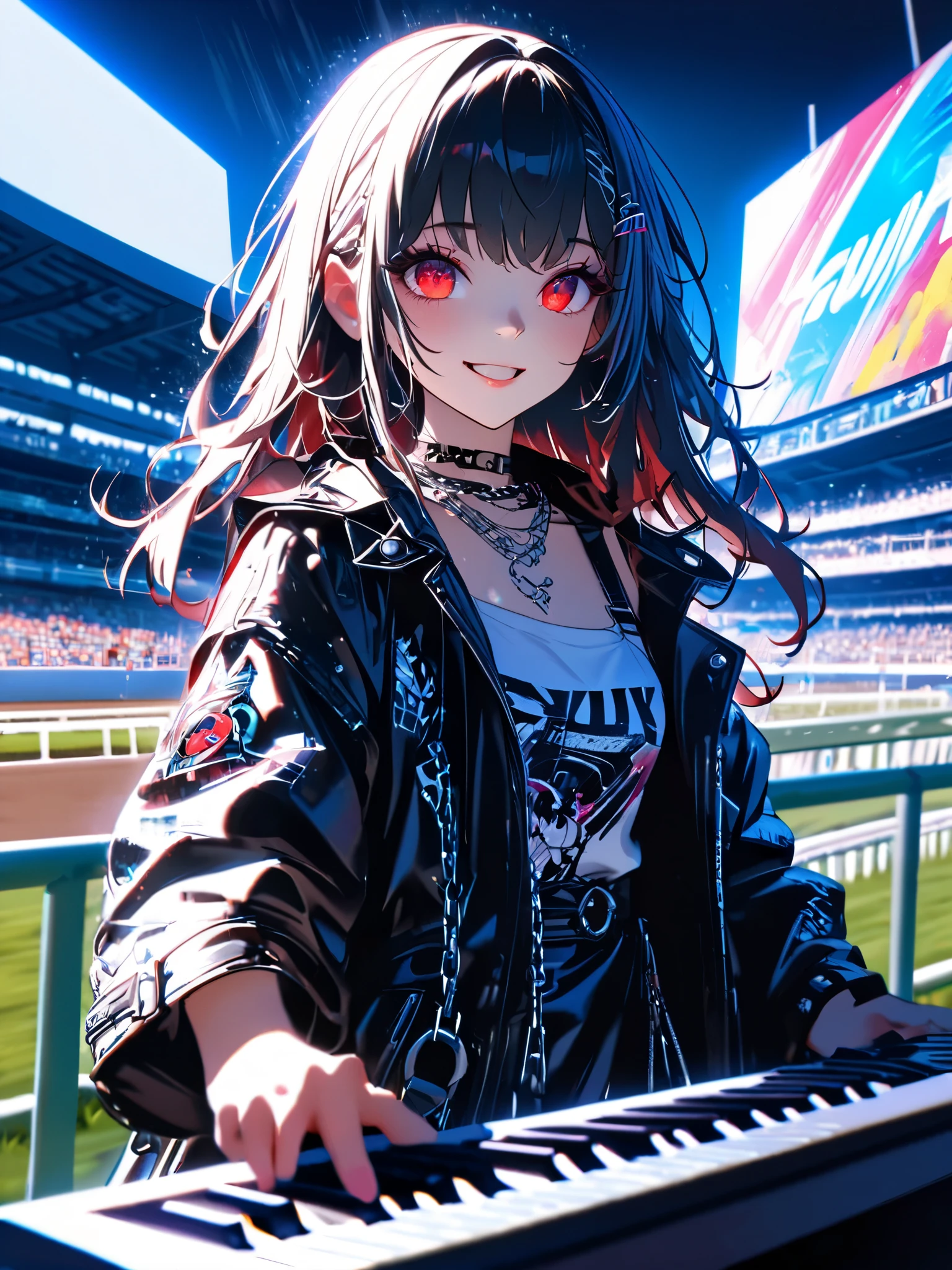 1 girl, a cute dress with a long coat 、 in , beautiful eyes、 keyboard every little detail , Soft light, Masterpiece, typhoon , complicated , Tone Mapping . Charterner v2 , , clear focus , dramatic lighting , Very cinematic, super Practical painting, art station trend , 8k, の素晴らしい影が付いた keyboard , Practical, whole body, View, Viewers, Portrait of a Girl 1, standing at the racecourse , Heavy rain and thunder、Dark Skies, neon and cyber punk background, she is dressed in punk clothing with silver chains and silver spikes, 彼女の髪teeth黒く染まっている ..........Ominous aura of light, smile, punk, ciber punk, backlit. : cute , . standing at the racecourse , . Beautiful red eyes. cute , keyboard . . teeth . をつけた keyboard 、 {x}, girls around 20 are wearing long leather coats .Breasts are big.Breasts are big