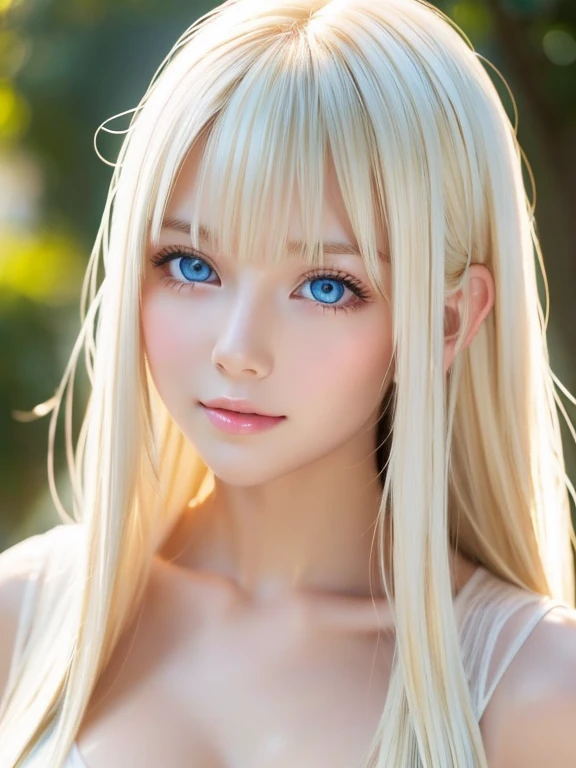 Elegant adult woman, long neck, long blonde hair, bangs, casual clothes, cleavage, soft light, high quality, 4k resolution, upper body