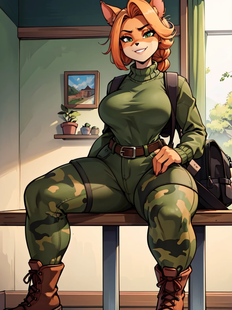 (best quality,4k,8k,highres,masterpiece:1.2),ultra-detailed,realistic:1.37,portrait,anthro bandicoot girl redhead, braided hair, beautiful green eyes, sexy ,seductive, warm sweater, camouflage beanie ,camouflage pants, army boots, smirking, cozy lighting, vibrant colors , girl anthro , sweater, camouflage beanie, camouflage pants, army boots,