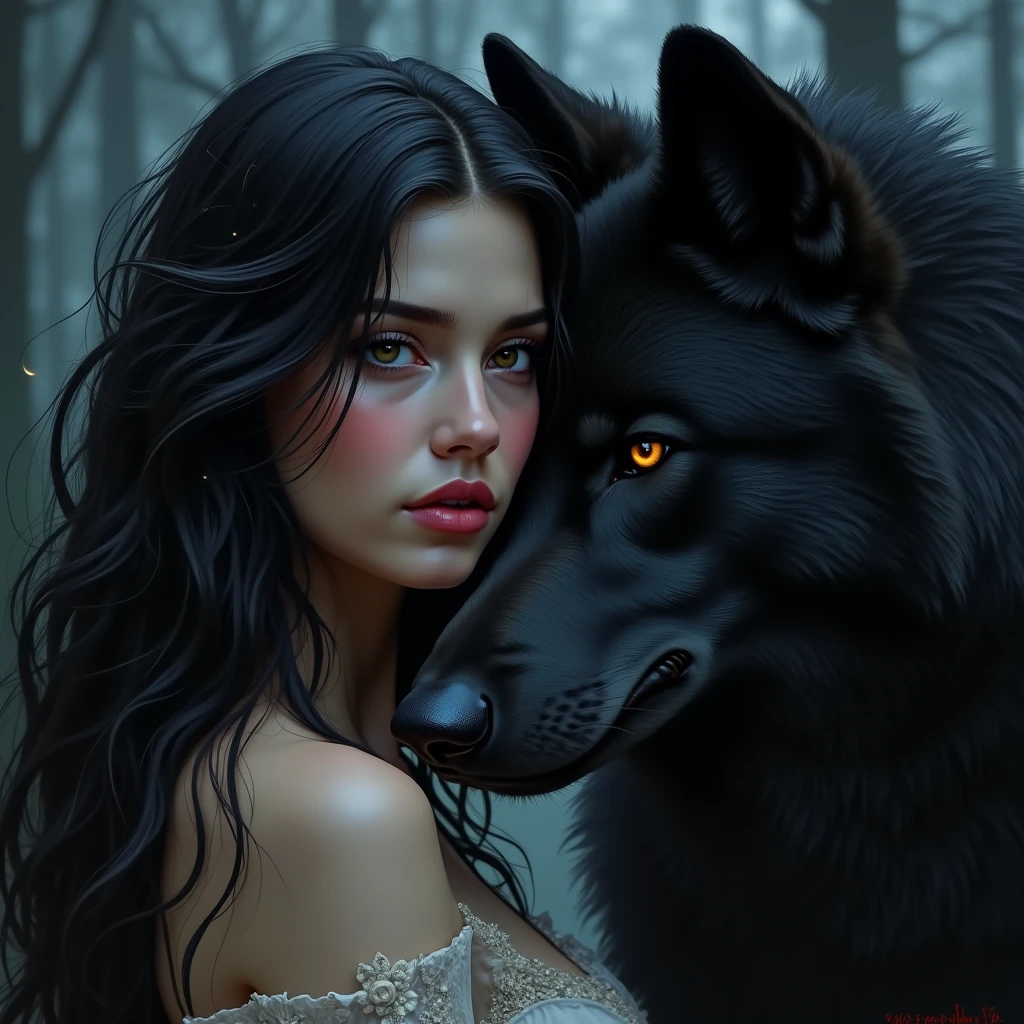 BLACK WOLF BY SIDE A WOMAN