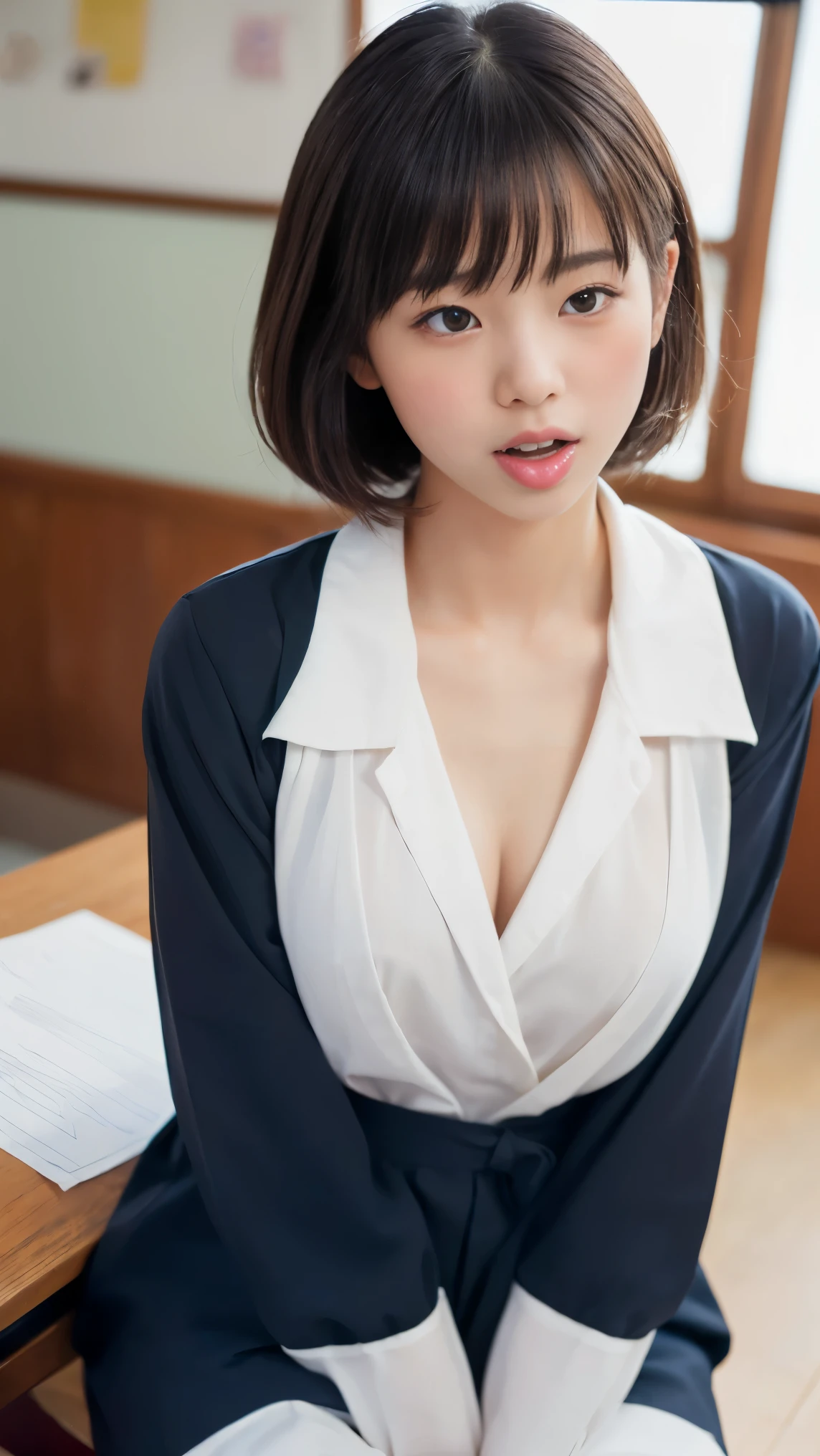 ( highest quality:1.4), long bangs、(beautiful, beautiful, perfection, delicate, Complex:1.2), (Classroom Background, High Contrast), beautiful asian woman leaning forward on desk, Sailor suit, chest valley, short hair, ((big_chest:1.3)), Expressions of joy, full , Browsing Caution:0.1、((delicate Photos)),(Detailed RAW photos of girls), (highest quality:1.6), (超A high resolution:1.5), ( realistic :1.75), 8K resolution, Canon EOS R5 , 50mm, Absurd, Super detailed,Cinema Lighting,(((Please open your mouth wide)))(((Please open your eyes a little)))、blush、((Mouth full of sperm))