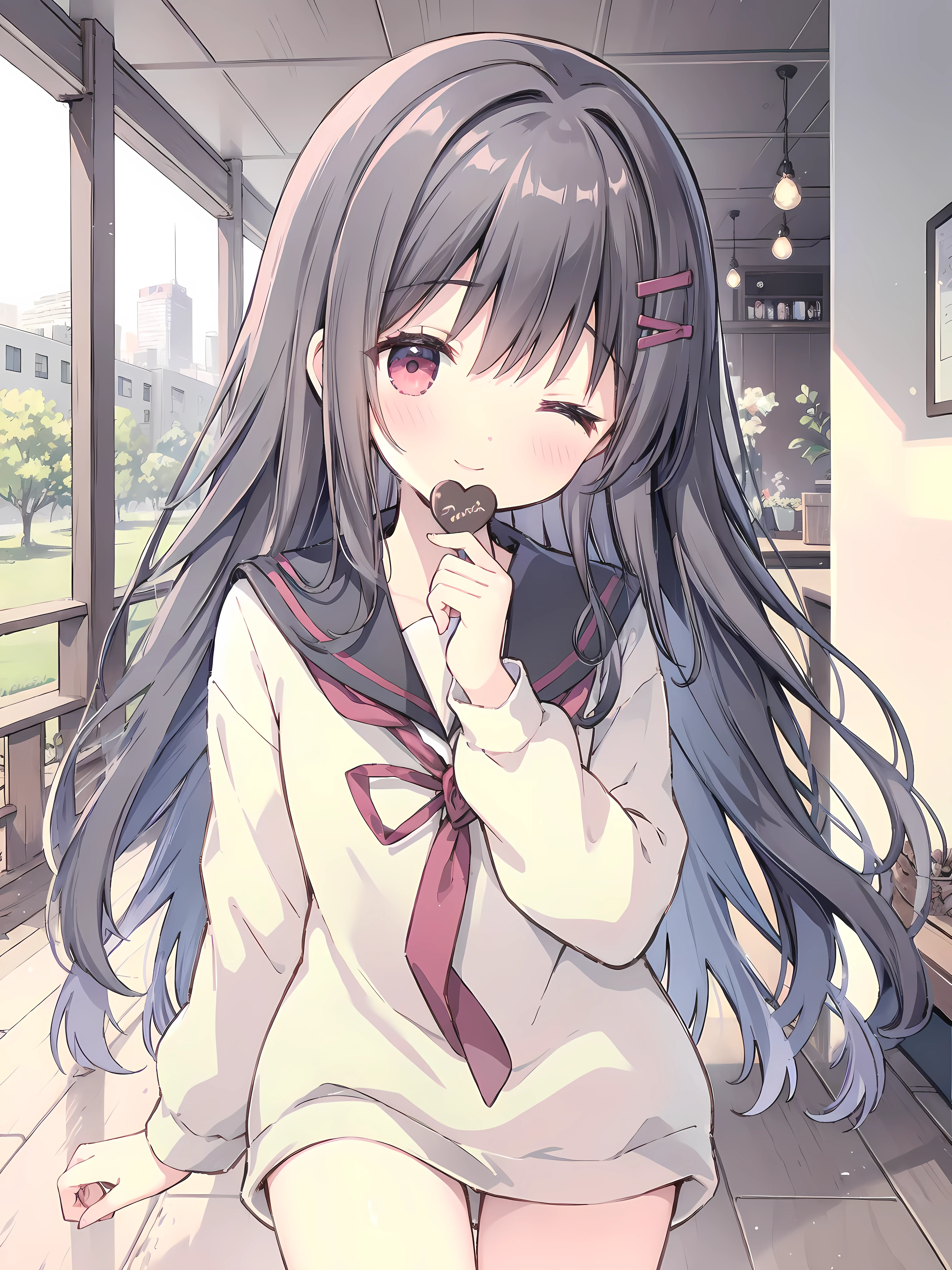 Nardack style lora, a soft and enchanting high school girl, her short stature is cute little , her hair is dark black and her eyes are amber red , The high school girl is wearing a summer sailor uniform, Feed the viewer a piece of Valentine's chocolate, her eyes closed next to winking like a flirty girl, smiling sweetly , close up