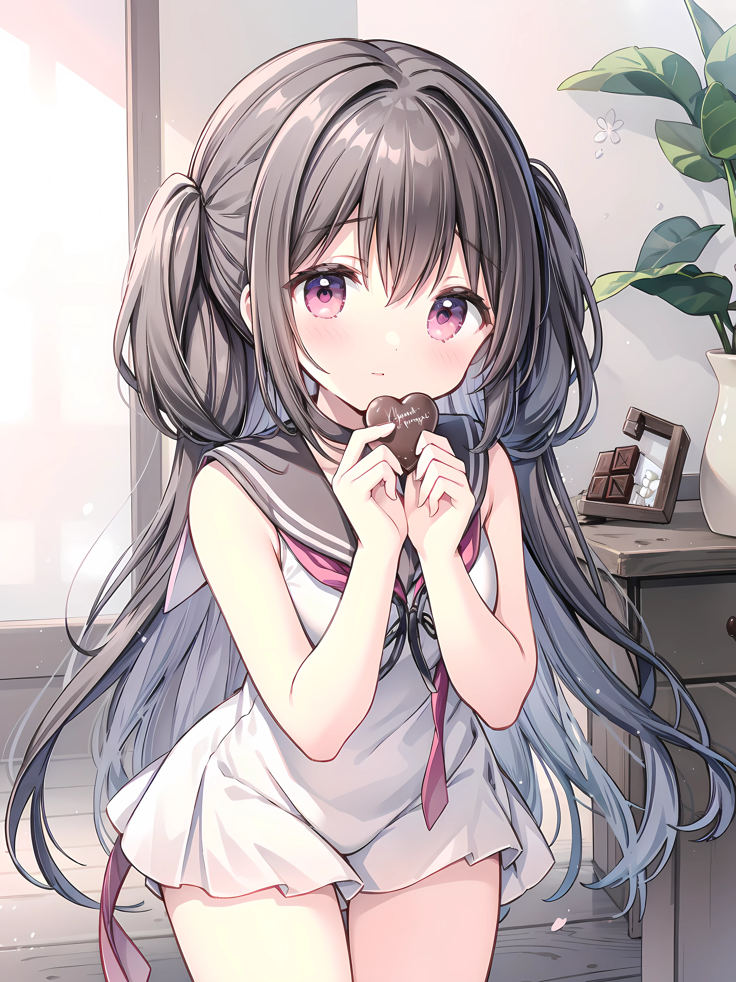 masterpiece best quality, sharpen image details, Nardack style lora,  a soft and enchanting high school girl, her short stature is cute little ,  her hair is dark black and her eyes are amber red , The high school girl is wearing a sleeveless summer sailor uniform, ((Hand position wants to suckle viewer feeds viewer a piece of Valentine's chocolate)), close up