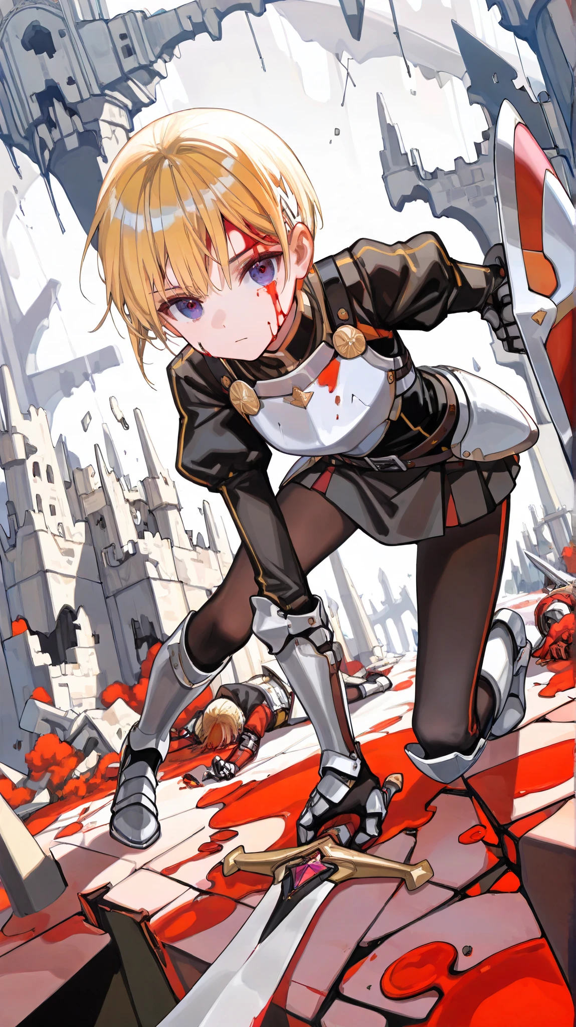 CRN1.2, ((masterpiece)), ((best quality)), 1boy, with short cropped hair, silver colored eyes, dripping in blood, dark somber scene, a soldier kneeling on a battlefield,
