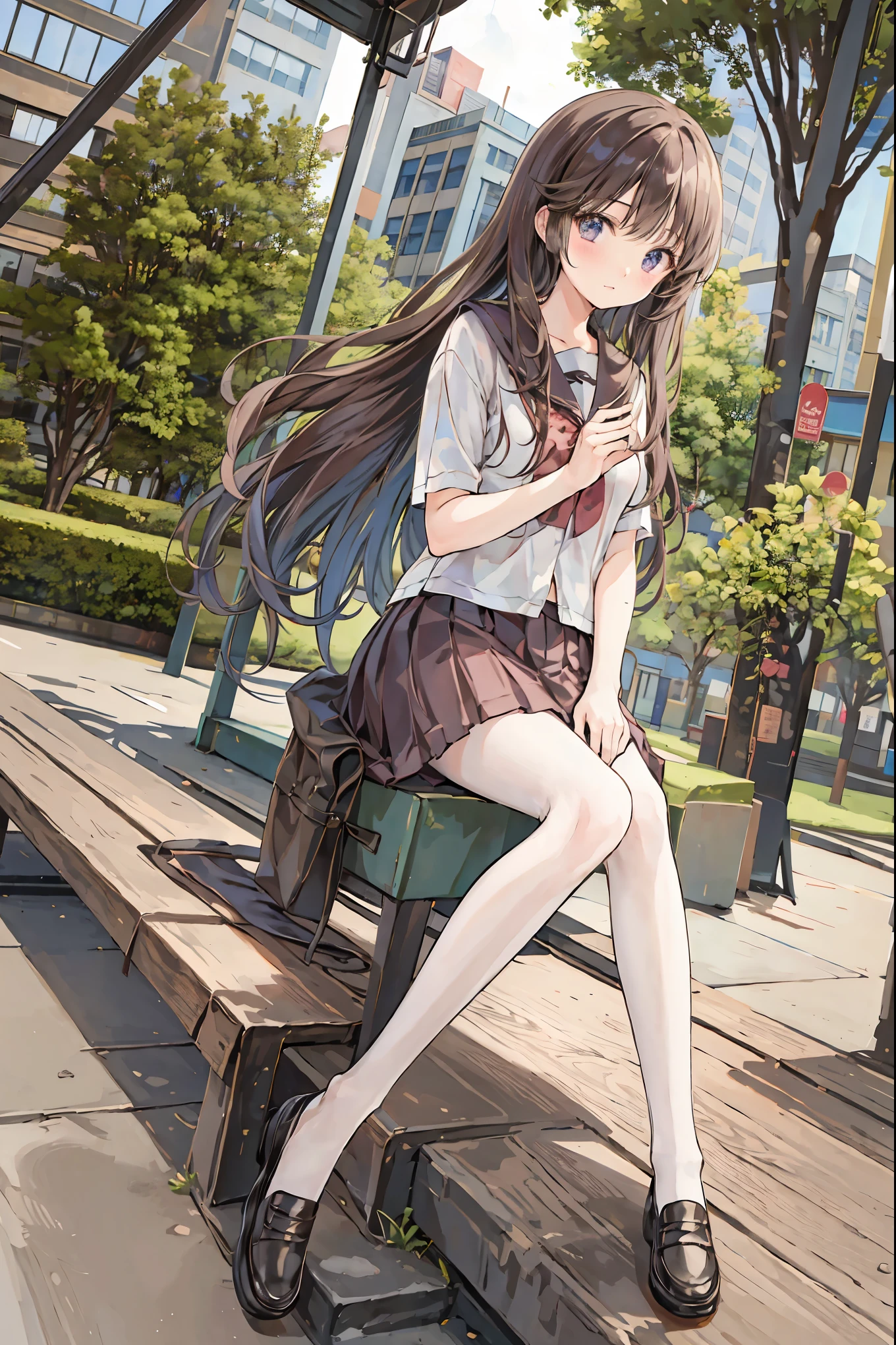 best quality 、masterpiece、 one girl 、Cute、Beautiful high school girl、 miniskirt、 sits on the ground ,、Kamimei、 staring at me 、