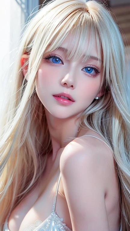 Platinum blonde fine hair、Long Straight Hair、Face and eye bangs、Big blue eyes、Transparent white and wet nightgown、Nordic youth、Perfect body、White Muscle、Shiny skin、Young and beautiful skin、Perfect beautiful little face、Bright makeup、Pale pink lips、Bright expression、1. 16-year-old girl、Buttonless shirt、lipstick、Deceptive advertising、{steams}、Viewer Vision、Golden Hour Lighting、Bokeh Atmosphere Perspective、detailed、Movie Light、Intricate details、High resolution、Detailed features of the face design、detailed、Clear Focus、Smoothness、aesthetics、printing、Octane、masterpiece、{{}}