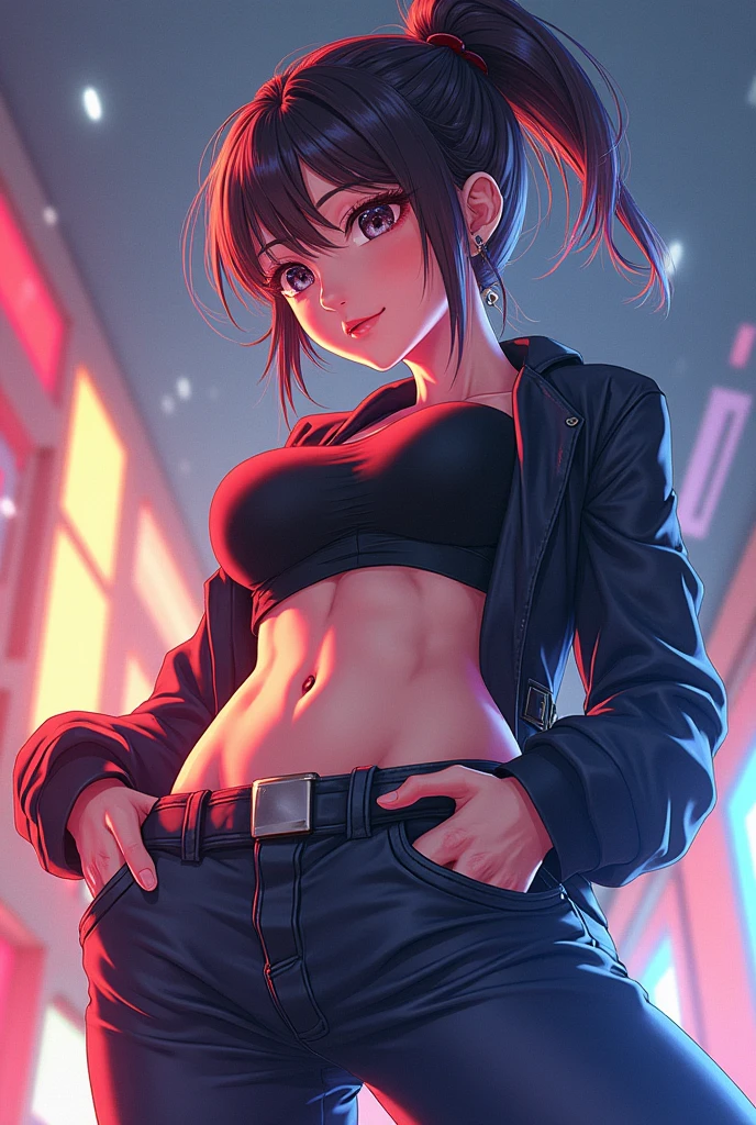  1girl, fefe, red eyes, side ponytail, ear piercing, long hair, black hair, blush, lipstick,,fur trim, mature female, gloves, fur-trimmed coat , outdoors, rooftop, cityscape, building, railing, night, night sky, scenery, moon, city lights, gloves, jacket, masterpiece,high quality,4k, bare shoulder,belly,crop top,outdoor,cleavage,jeans,casual
dress,street,road,smile, open mouth, (nsfw) not safe for work, holding a gun,handgun, evil expression,
exposed belly, exposed navel, exposed midriff, exposed lower belly, crop top overhang, underboob,
unbuttoned jeans , low rise black jeans, Low rise jeans, Low rise jeans with open fly, navel piercing
