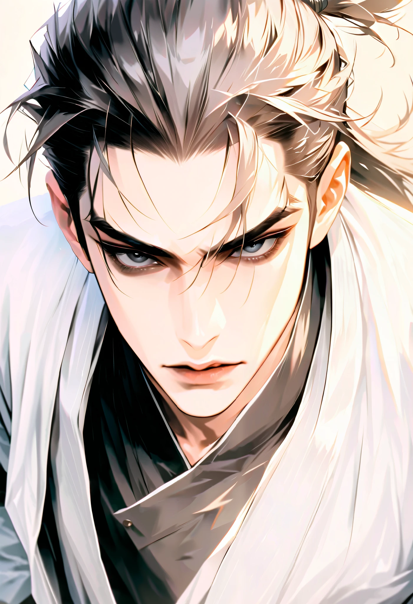 ( absurd, Hi-Res, Super detailed, masterpiece, Best Quality, Semi-realistic), face focus , Alone, 1 male, handsome, beggar, 25-year-old male, Black Hair , Top Knot, slicked-back hair, dark eyes, Pure white hanboku, look uneasy