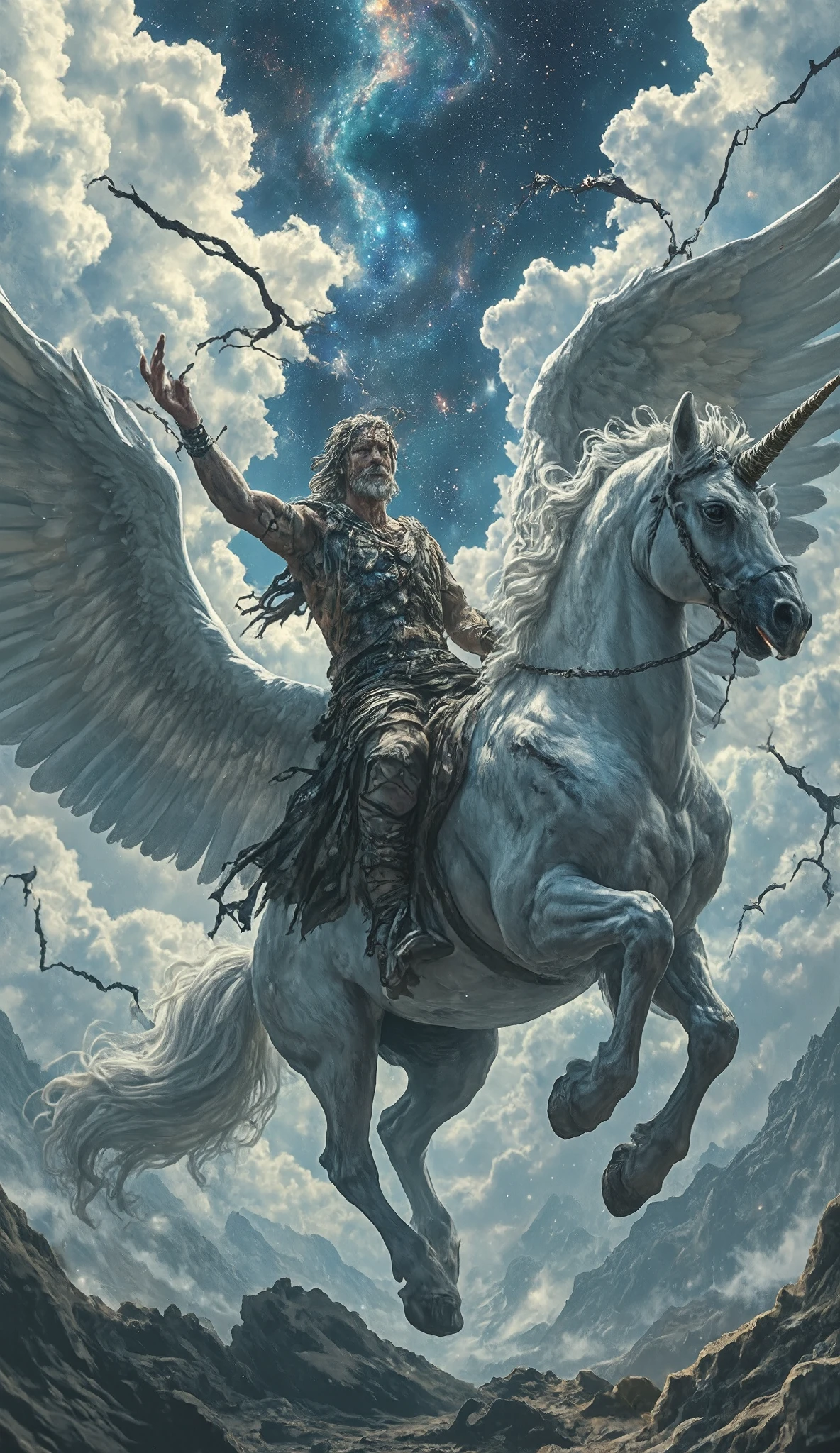 (Super realistic photograph, Detailed Fantasy art). dramatic shot, (A Poseidon riding a Pegasus appears from the cracked sky, the crack is high detailed, A galaxy is visible through the cracked sky, Poseidon wears ragged robes, the real sky and landscape background, Pegasus is growing horn, like a unicorn, Pegasus has big angelic wings.